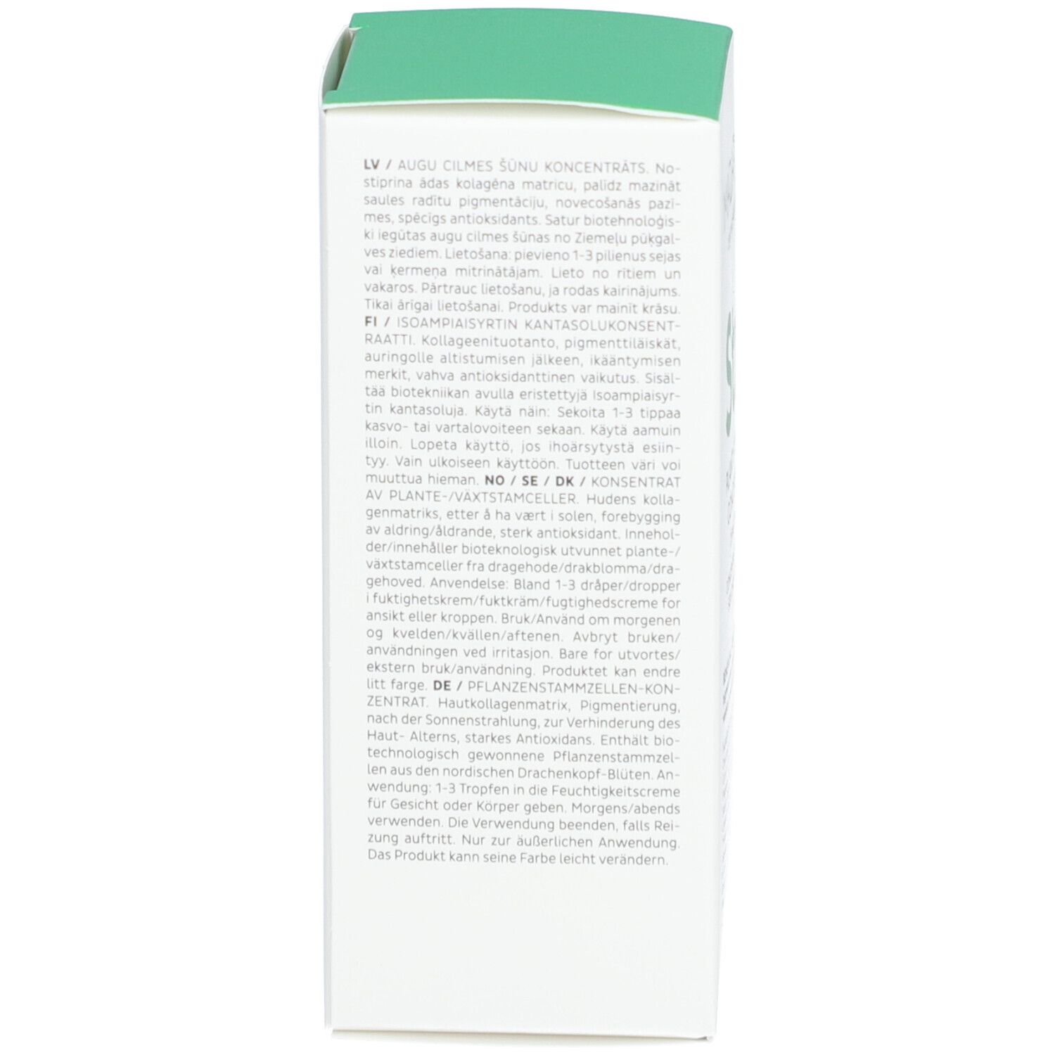 Witte verpakking met groene bovenkant. Tekst in meerdere talen. Bevat informatie over het product en het gebruik.