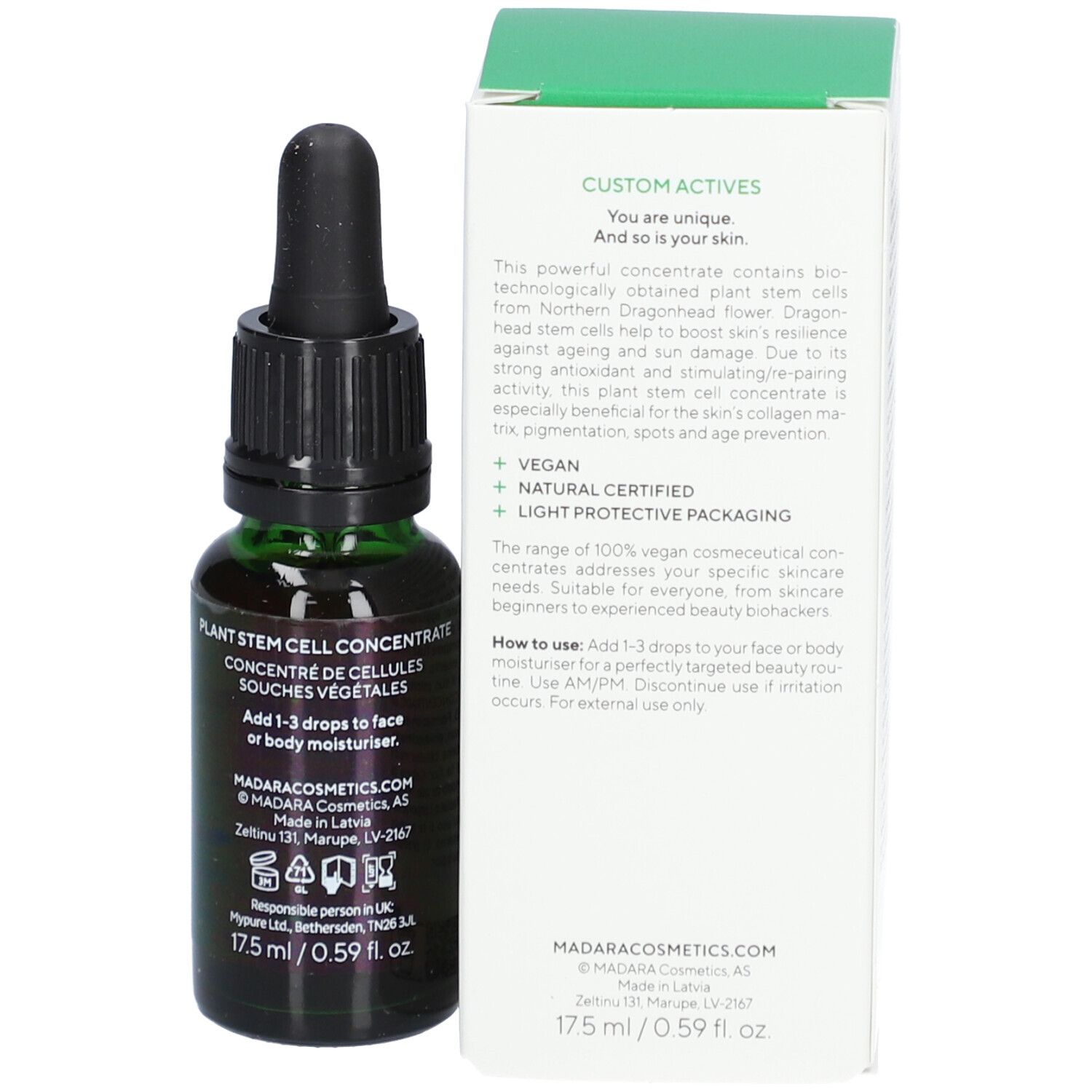Groene glazen fles met pipet en witte verpakking. Opschrift: Stm Plant Stem Cell Concentrate. Bevat 17,5 ml.