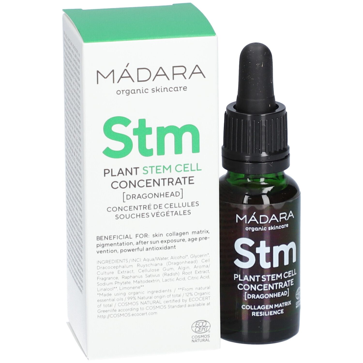 Groene glazen fles met pipet en witte verpakking. Opschrift: Stm Plant Stem Cell Concentrate. Certificering: COSMOS NATURAL.