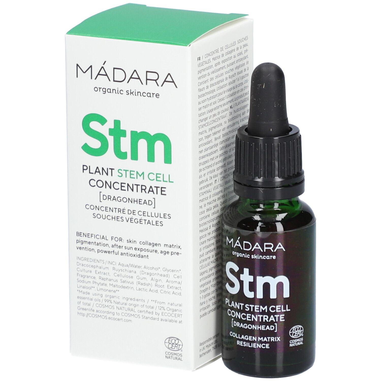 Groene glazen fles met pipet en witte verpakking. Opschrift: Stm Plant Stem Cell Concentrate. Certificering: COSMOS NATURAL.