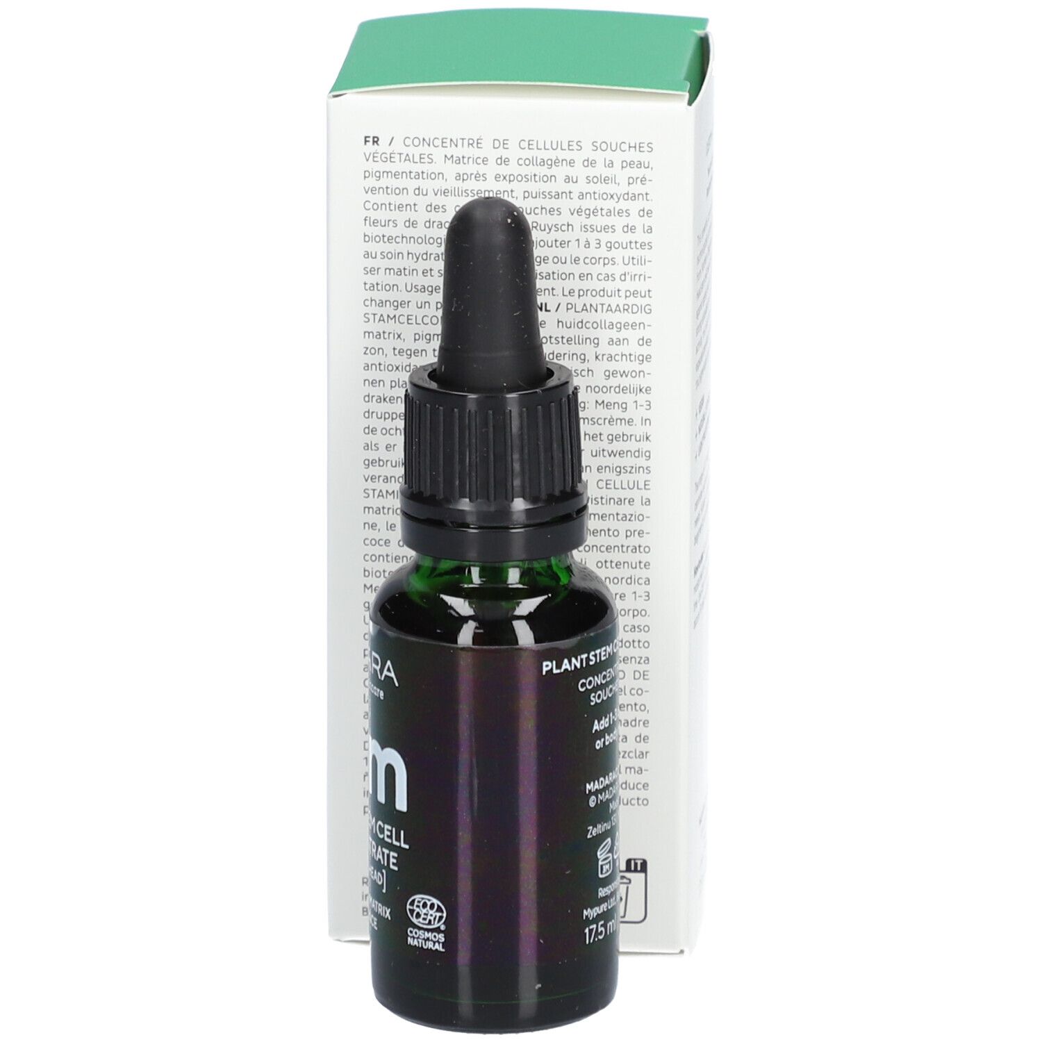 Groene glazen fles met pipet en witte verpakking. Opschrift: Stm Plant Stem Cell Concentrate. Bevat 17,5 ml.