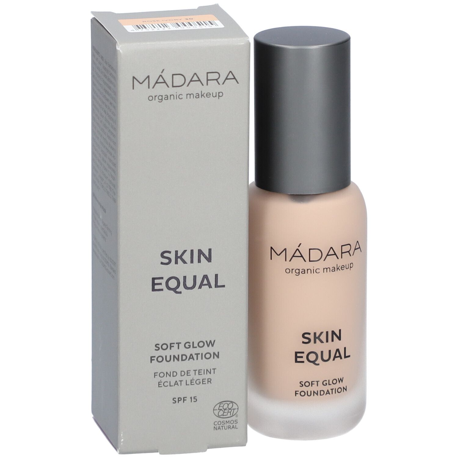 Madara Skin Equal Foundation, fles en doos. Opschrift: Skin Equal, Soft Glow Foundation, SPF 15. Cosmos Natural.