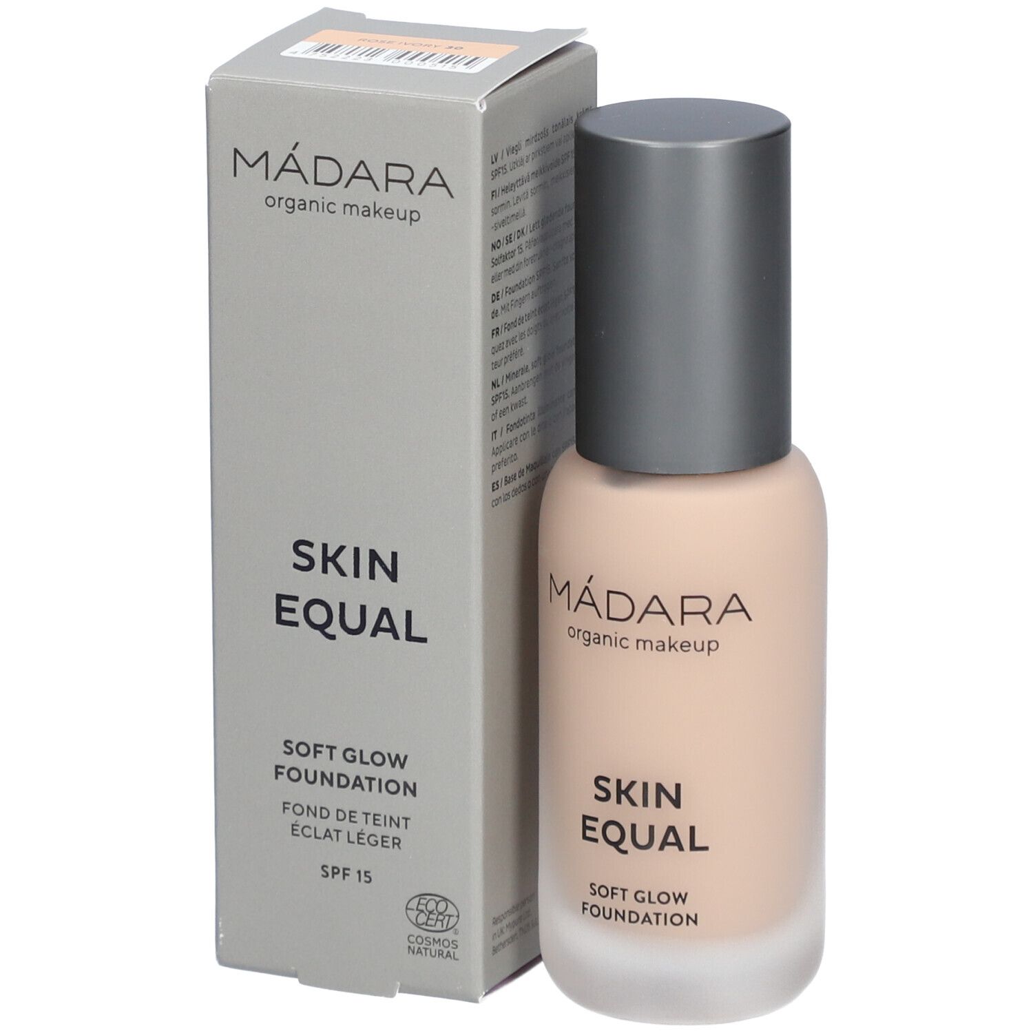 Madara Skin Equal Foundation, fles en doos. Opschrift: Skin Equal, Soft Glow Foundation, SPF 15. Cosmos Natural.
