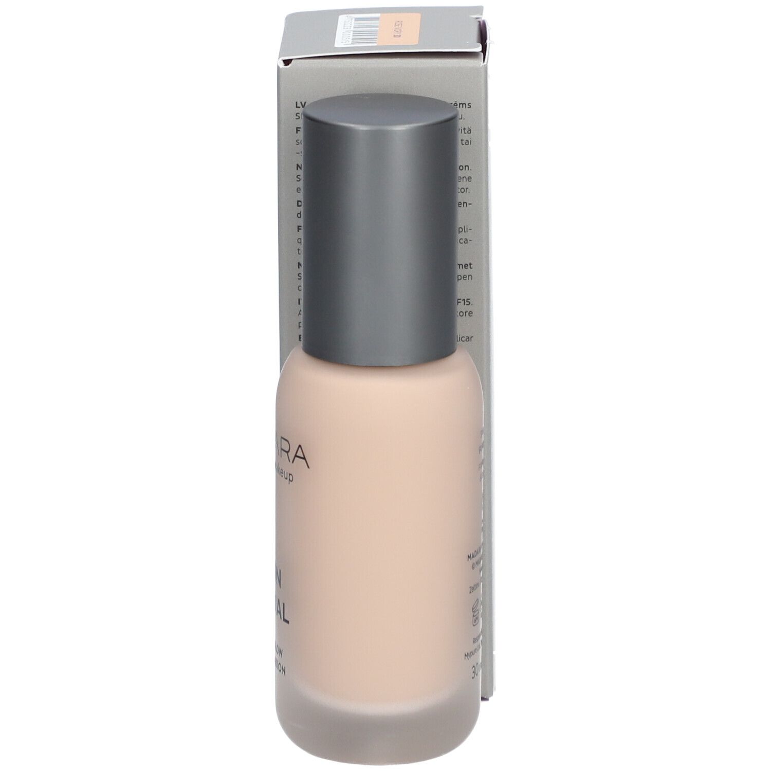 Madara Skin Equal Foundation, fles en doos. Opschrift: Skin Equal, Soft Glow Foundation. Fles met dop.