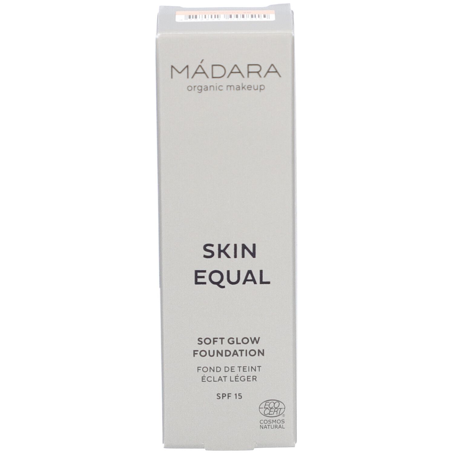 Doos met opschrift: Skin Equal, Soft Glow Foundation, SPF 15. Cosmos Natural. Zonder fles.