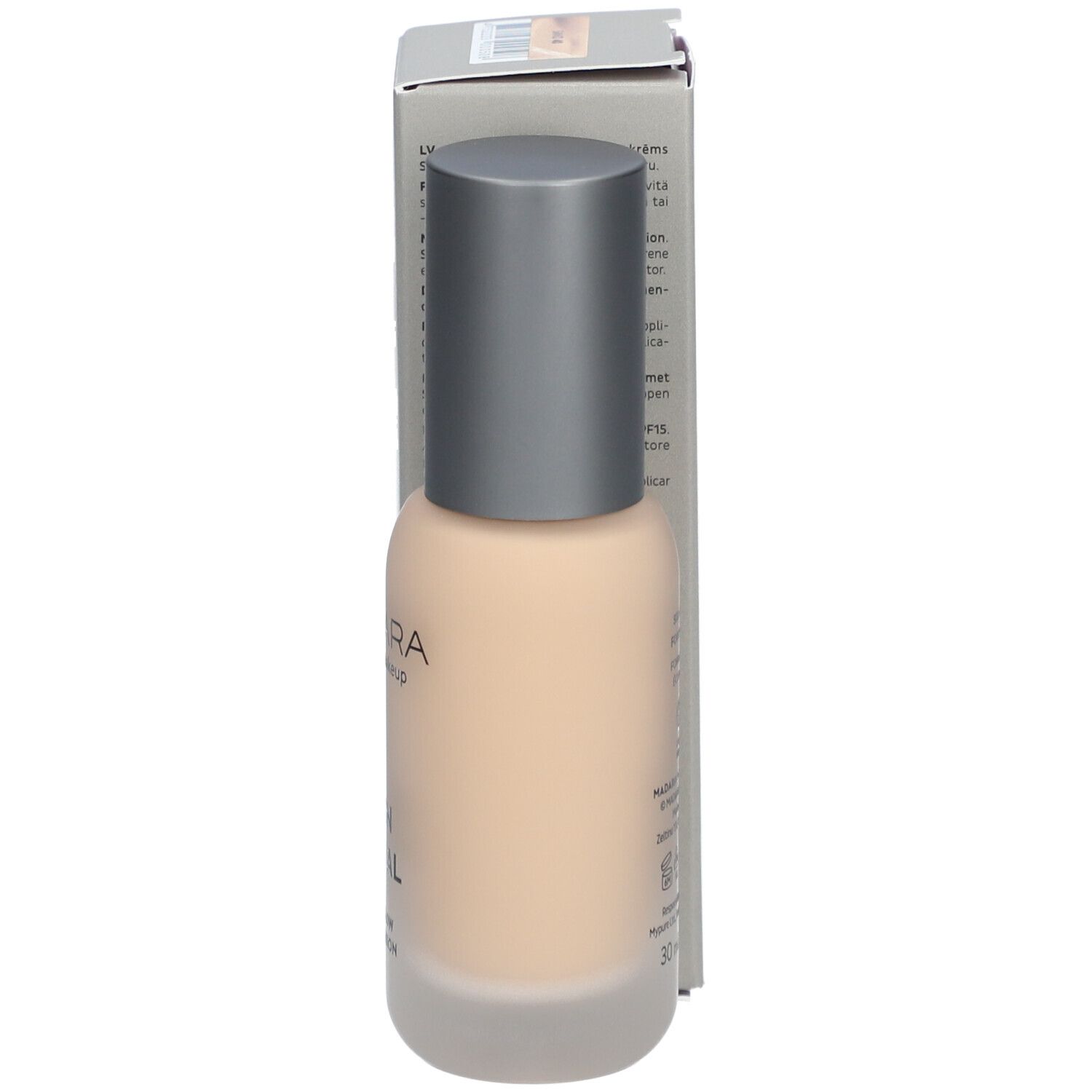 Foundation fles en doos. Opschrift: MÁDARA, SKIN EQUAL, SOFT GLOW FOUNDATION. Fles met dop.