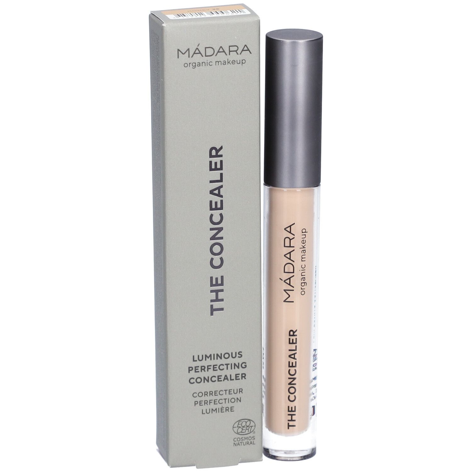 Concealer en verpakking. Op de verpakking staat: MÁDARA, THE CONCEALER, Luminous Perfecting Concealer. Op de concealer staat: MÁDARA, THE CONCEALER.