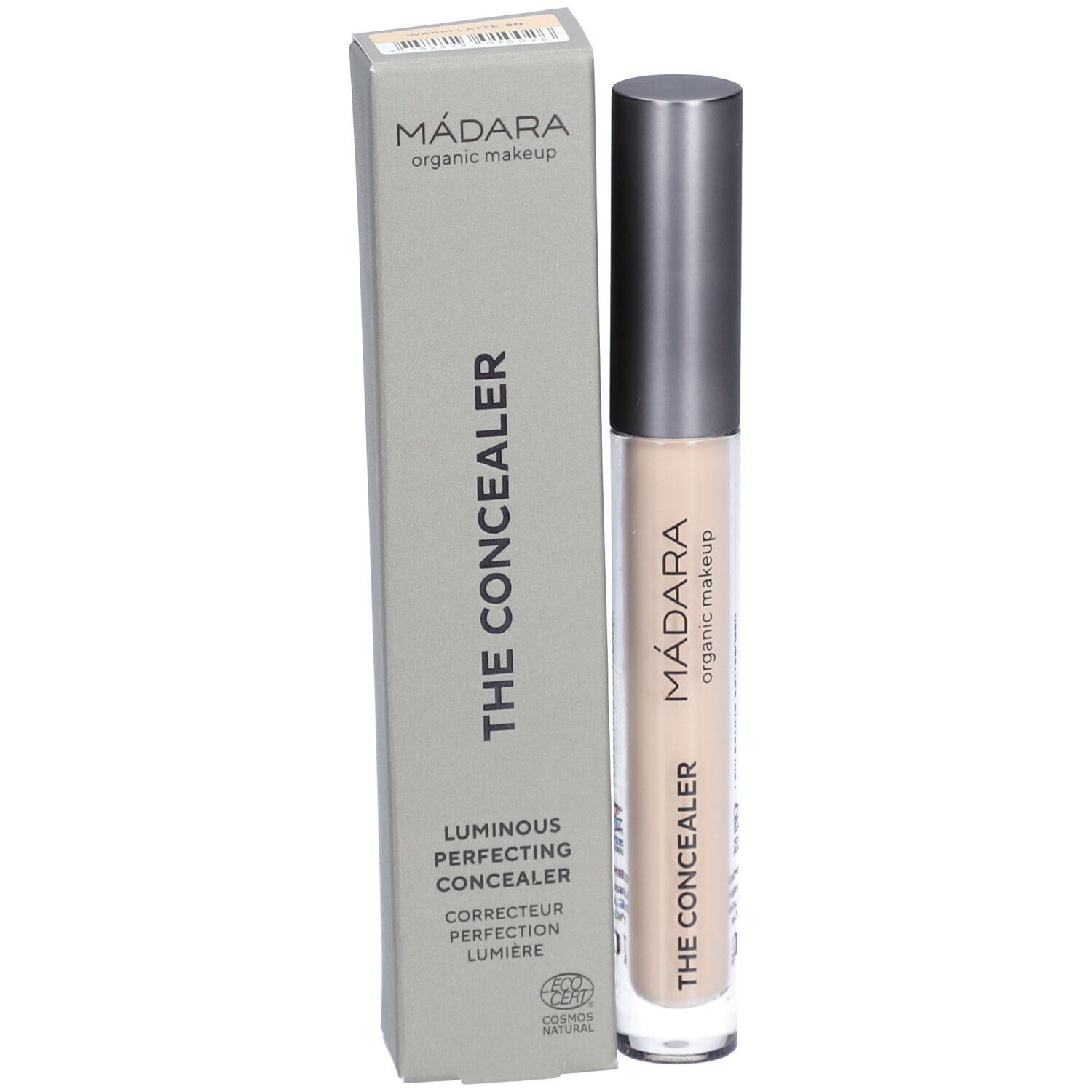 Beige concealer-stift en doos. Op de doos staat 'MÁDARA organic makeup' en 'THE CONCEALER'. Op de stift staat 'MÁDARA organic makeup'.