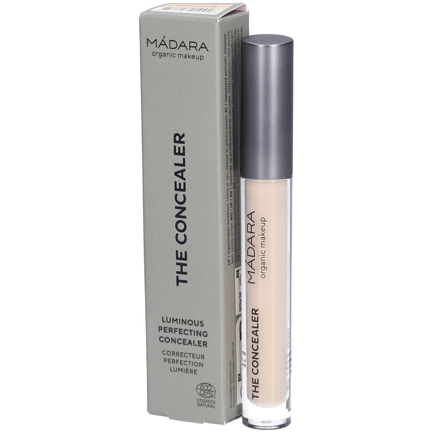 Beige concealer-stift en doos. Op de doos staat 'MÁDARA organic makeup' en 'THE CONCEALER'. Op de stift staat 'MÁDARA organic makeup'.