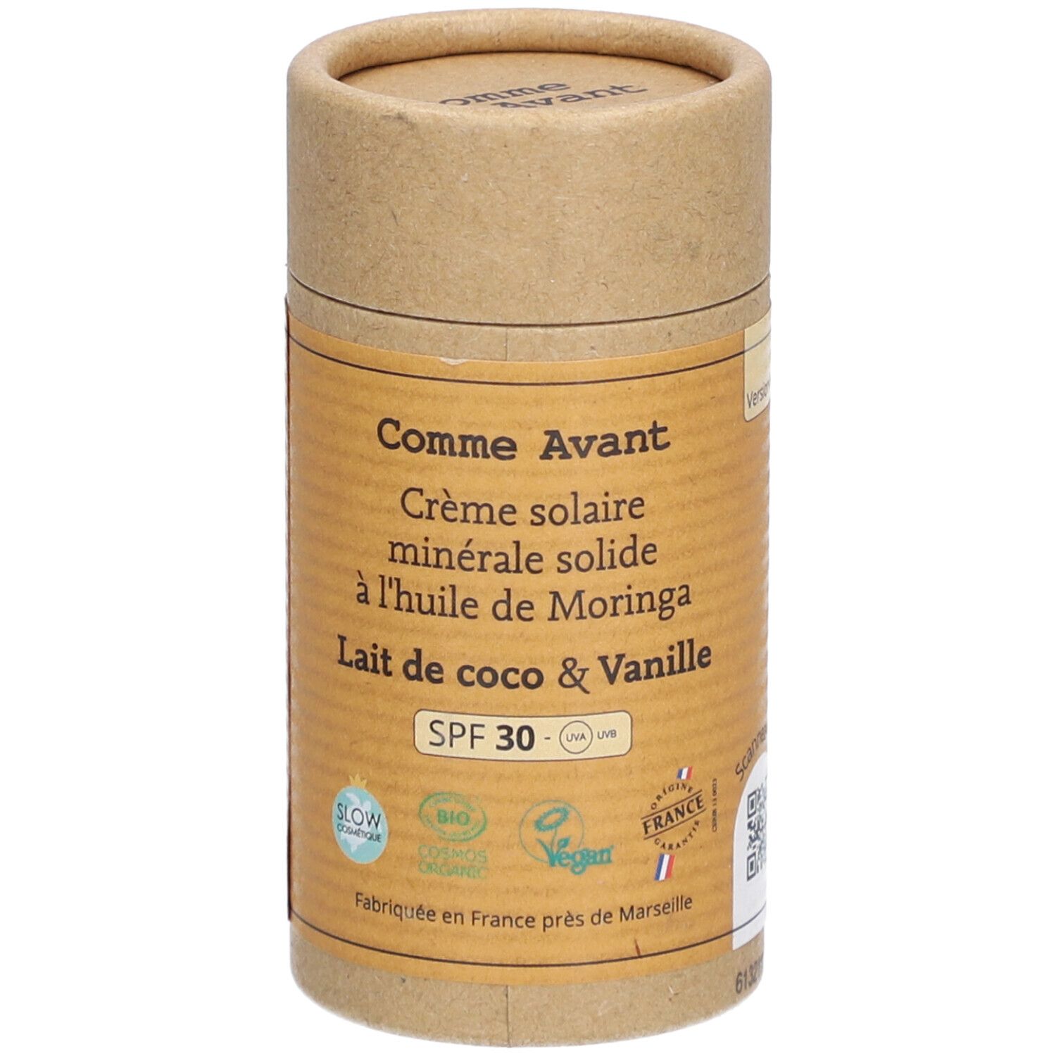 Comme Avant Crème solaire minérale solide à l'huile de Karanja SPF 30 Lait de coco & Vanille