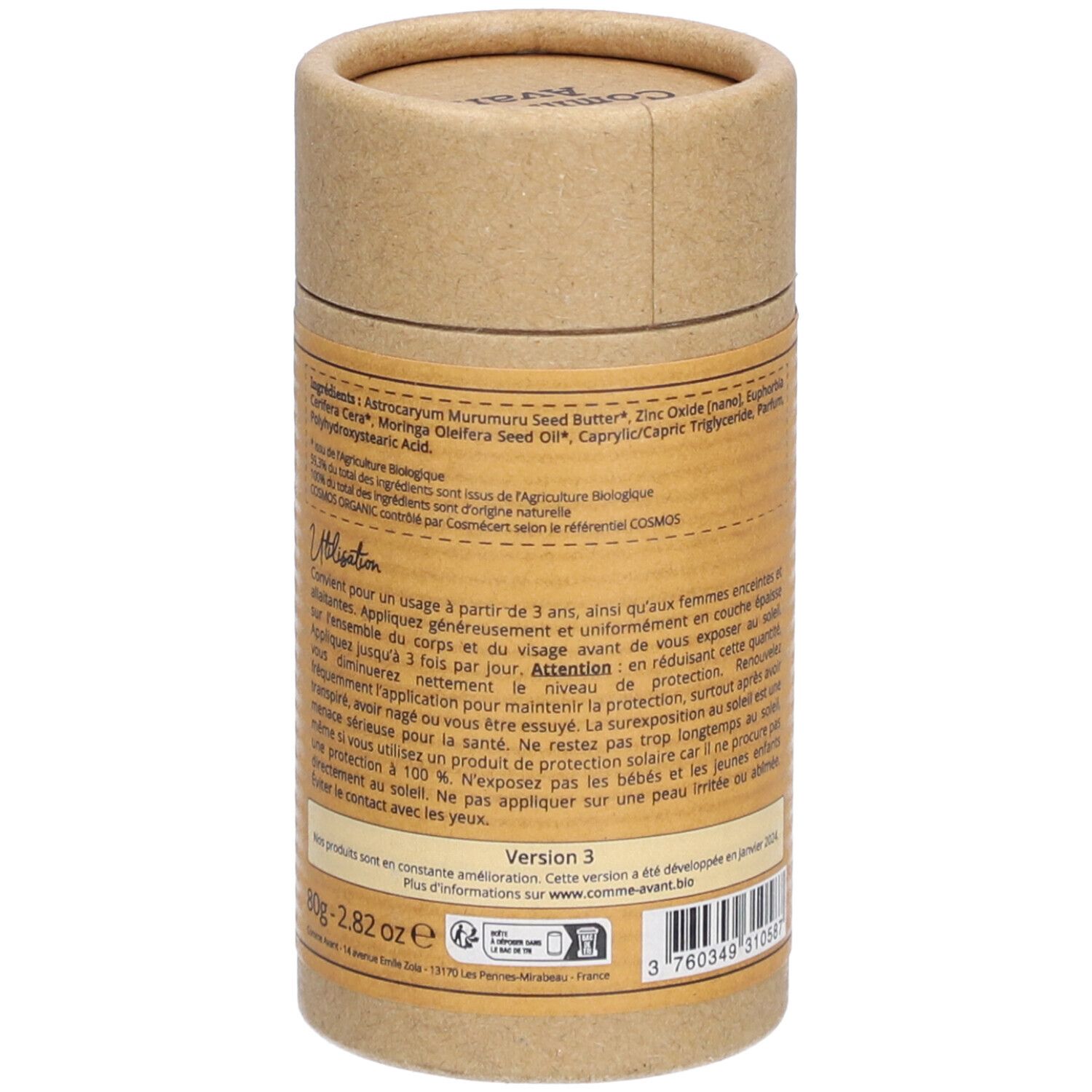 Comme Avant Crème solaire minérale solide à l'huile de Karanja SPF 30 Lait de coco & Vanille