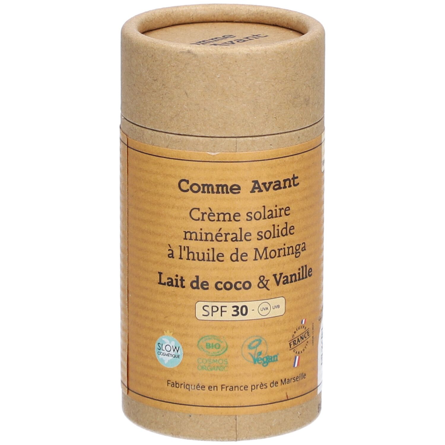 Comme Avant Crème solaire minérale solide à l'huile de Karanja SPF 30 Lait de coco & Vanille