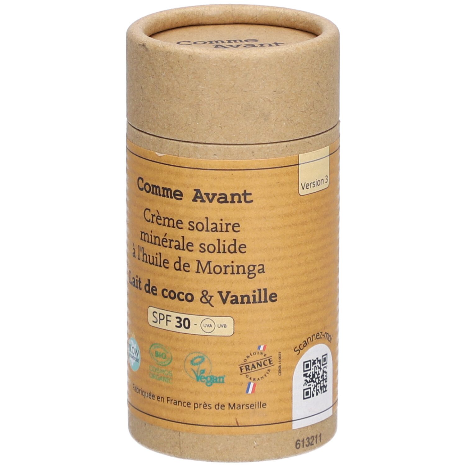 Comme Avant Crème solaire minérale solide à l'huile de Karanja SPF 30 Lait de coco & Vanille
