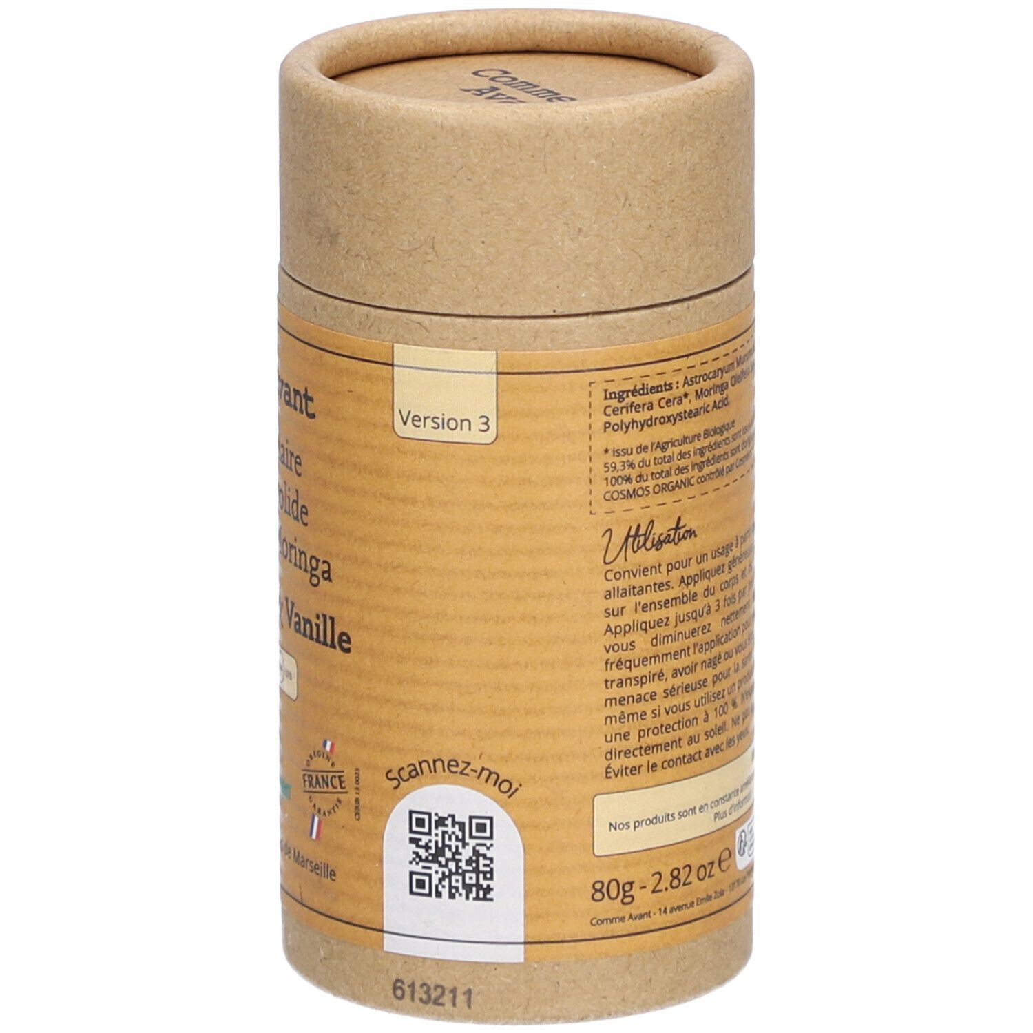 Comme Avant Crème solaire minérale solide à l'huile de Karanja SPF 30 Lait de coco & Vanille