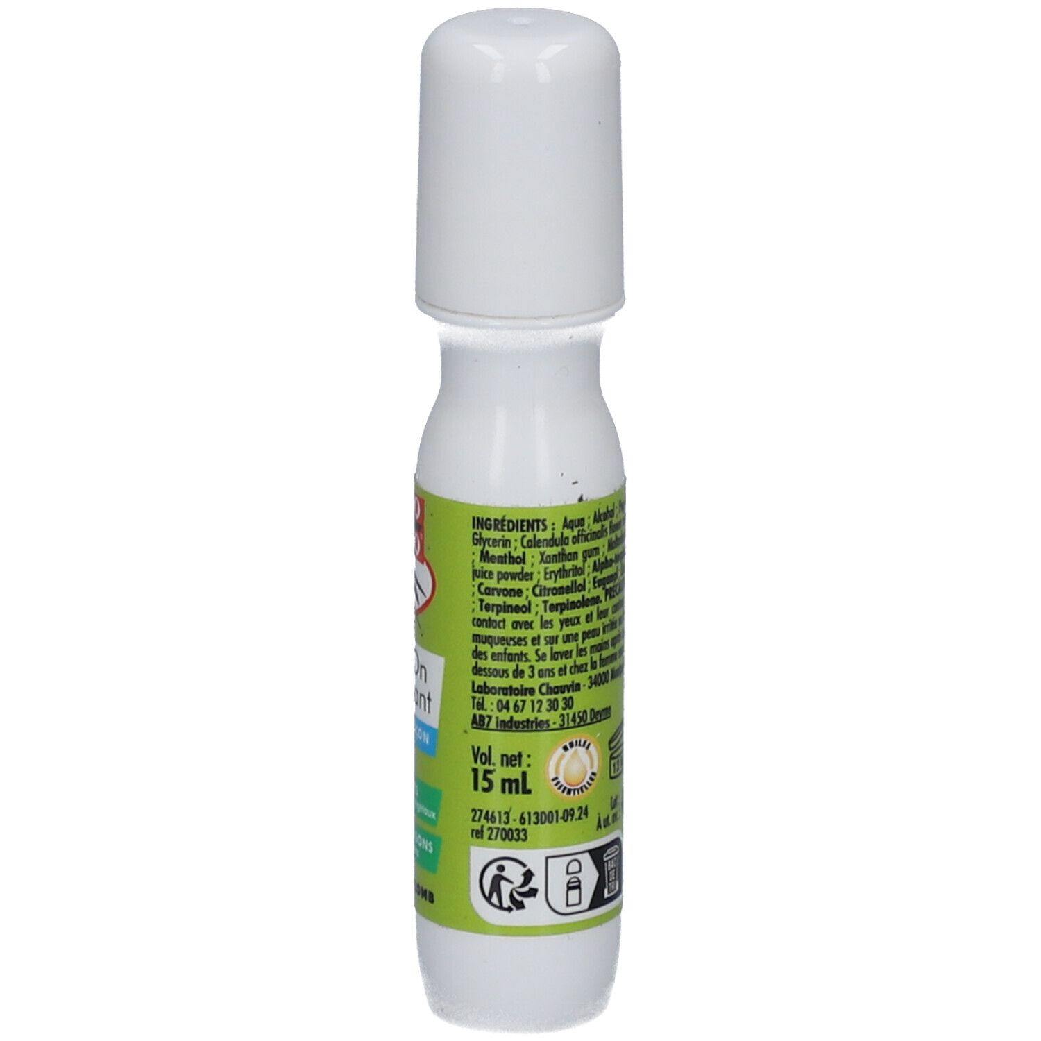 Witte roll-on met witte dop. Groene en blauwe etiketten met tekst. 15 ml.