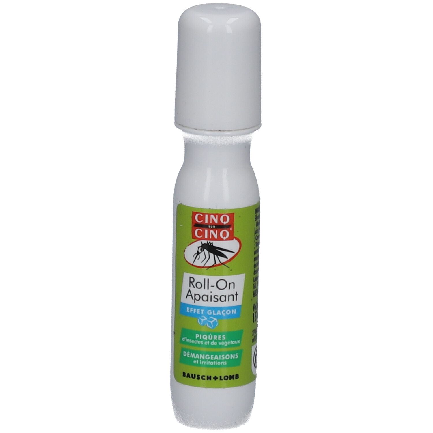 Witte roll-on met witte dop. Opschrift: CINQ/CINQ, Roll-On Apaisant, Effet Glacon.