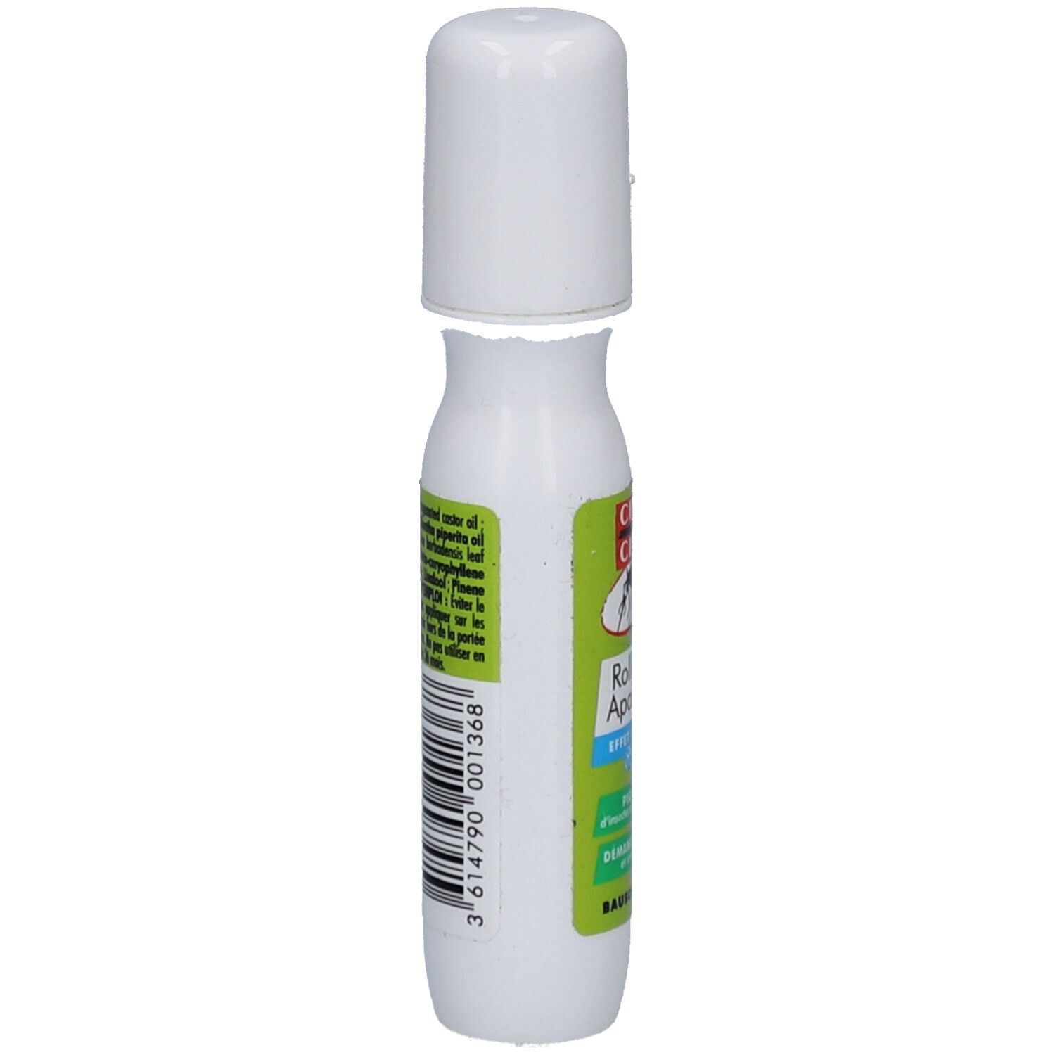 Witte roll-on met witte dop. Barcode en tekst op groen etiket. 15 ml.