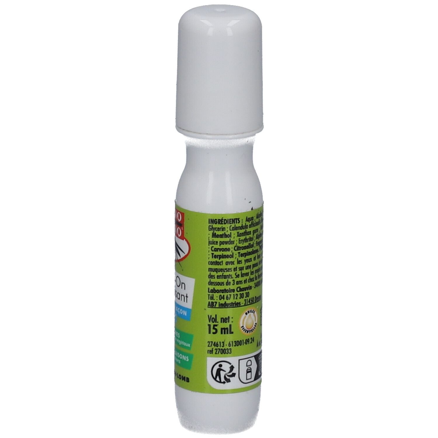 Witte roll-on met witte dop. Groene en blauwe etiketten met tekst. 15 ml.