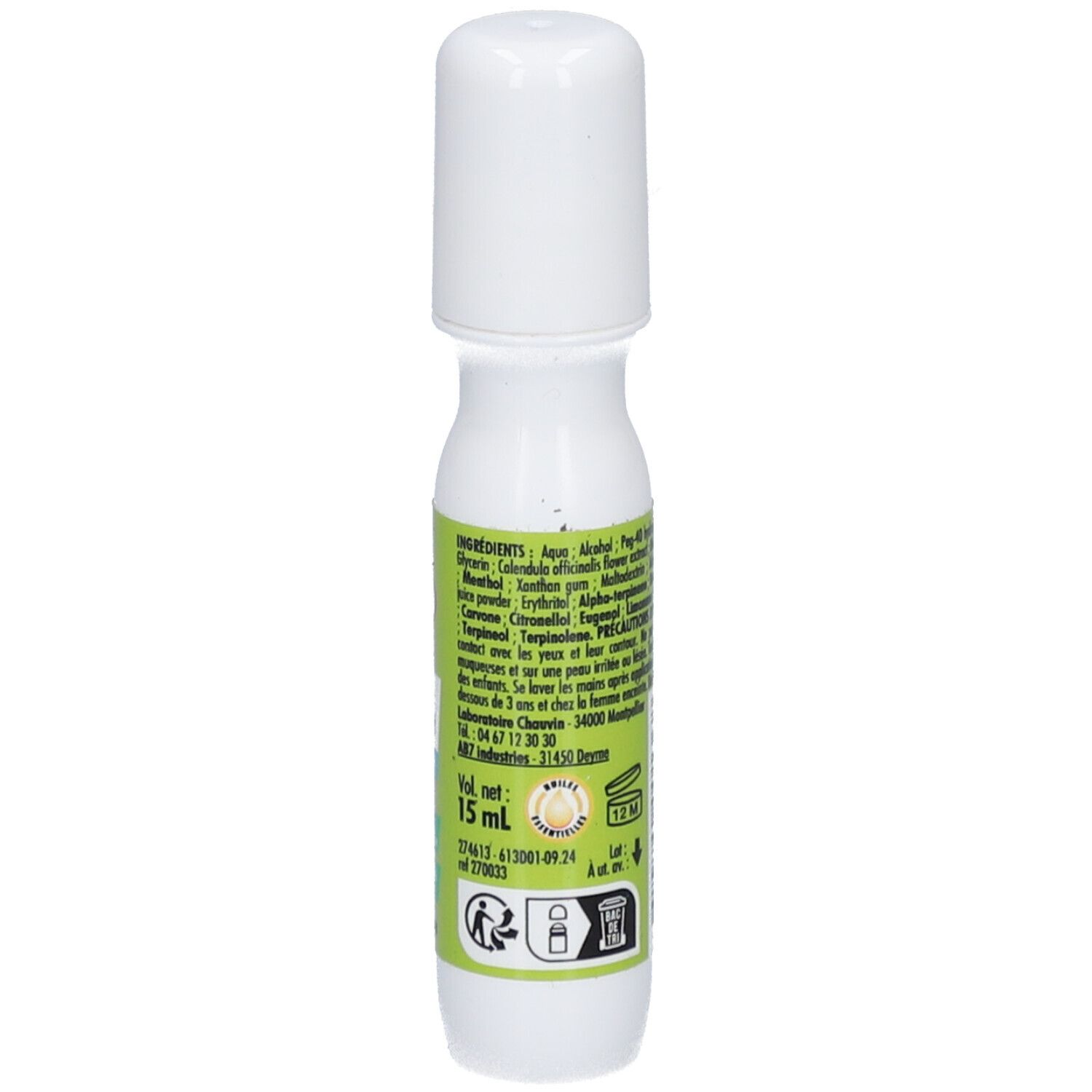 Witte roll-on met witte dop. Groene etiketten met tekst. 15 ml.