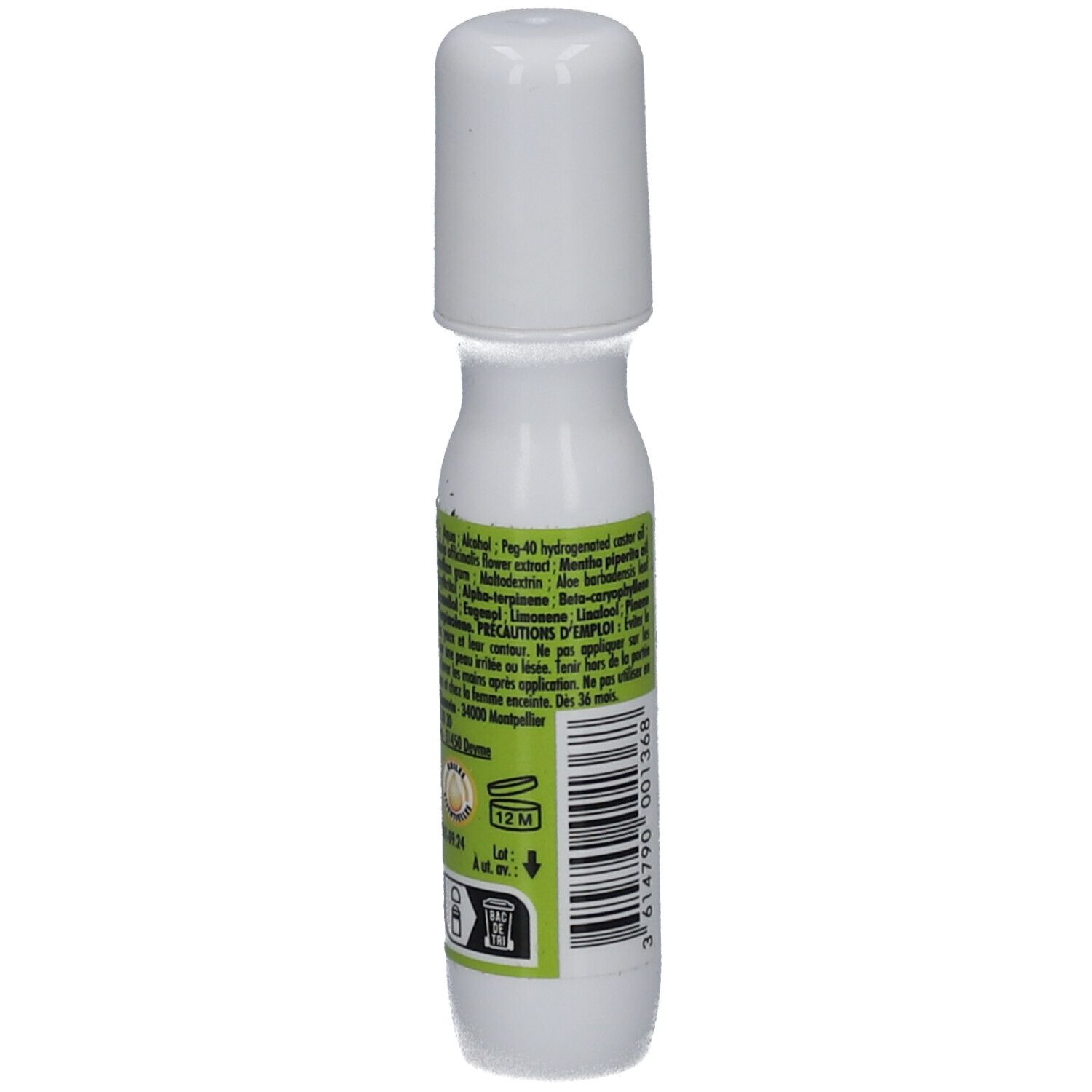 Witte roll-on met witte dop. Groene etiketten met tekst. 15 ml.