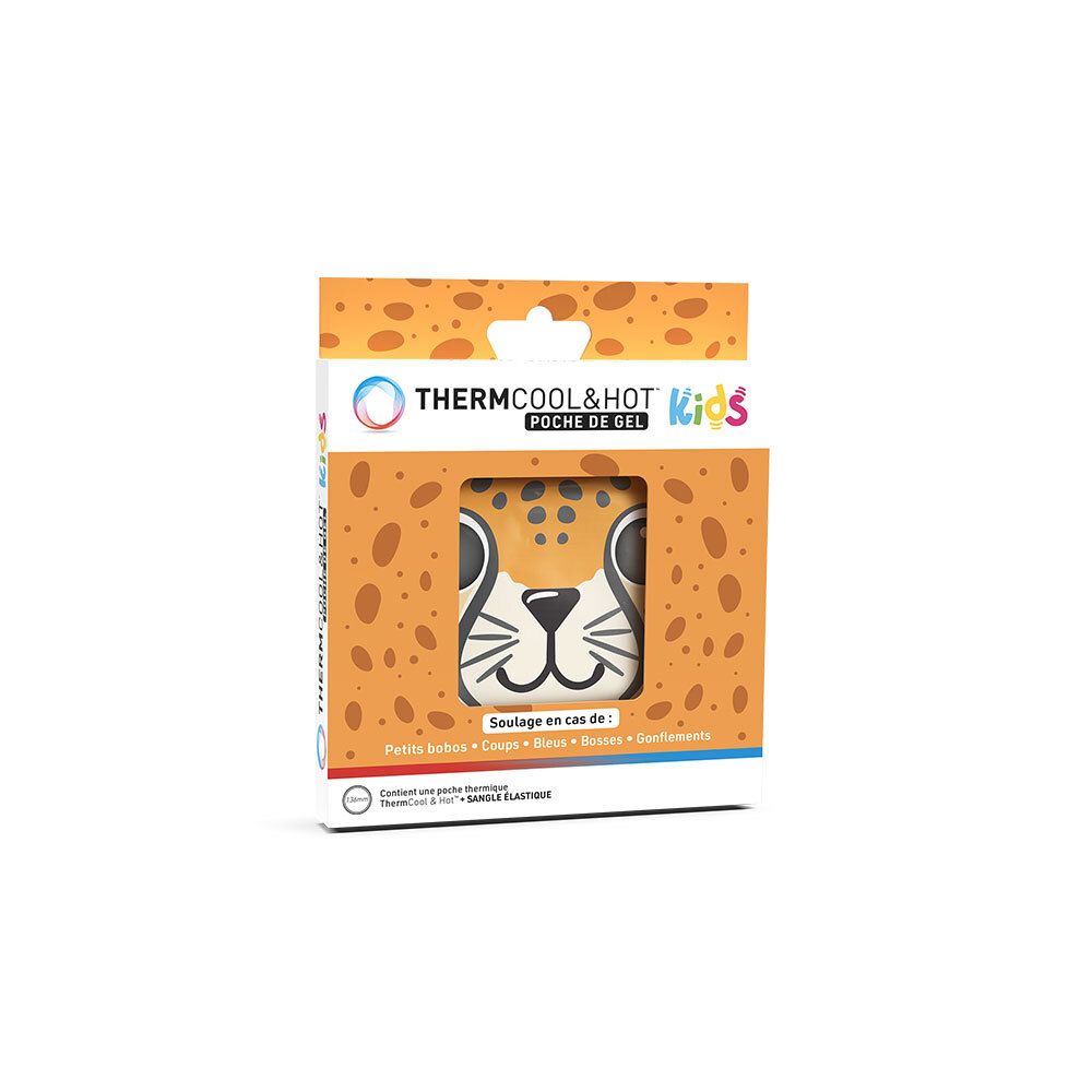 Verpakking voor een ThermCool&Hot Kids gel-zak met luipaardmotief.