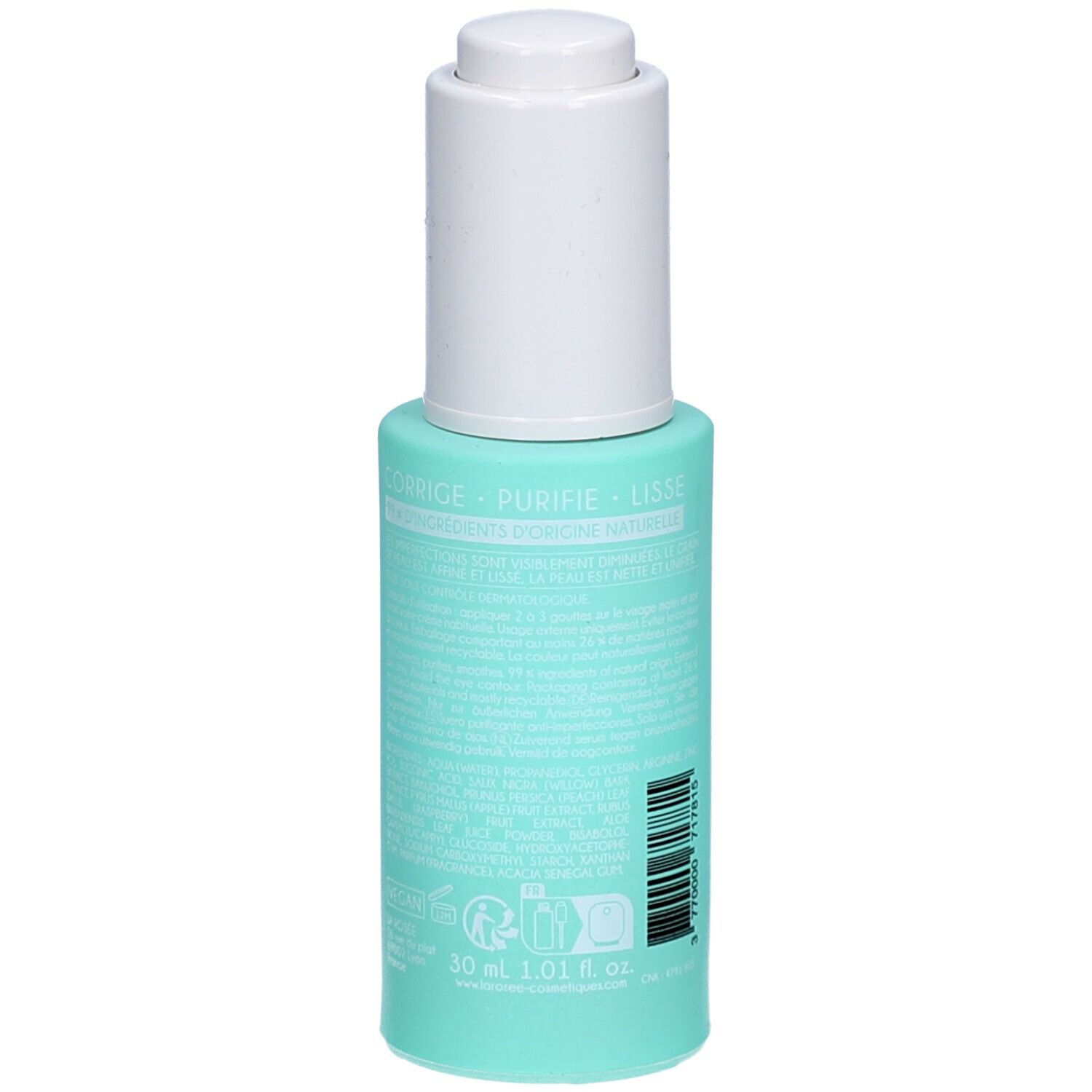 Turquoise fles met witte dop. Achterkant met tekst. Volume-aanduiding: 30 ml.