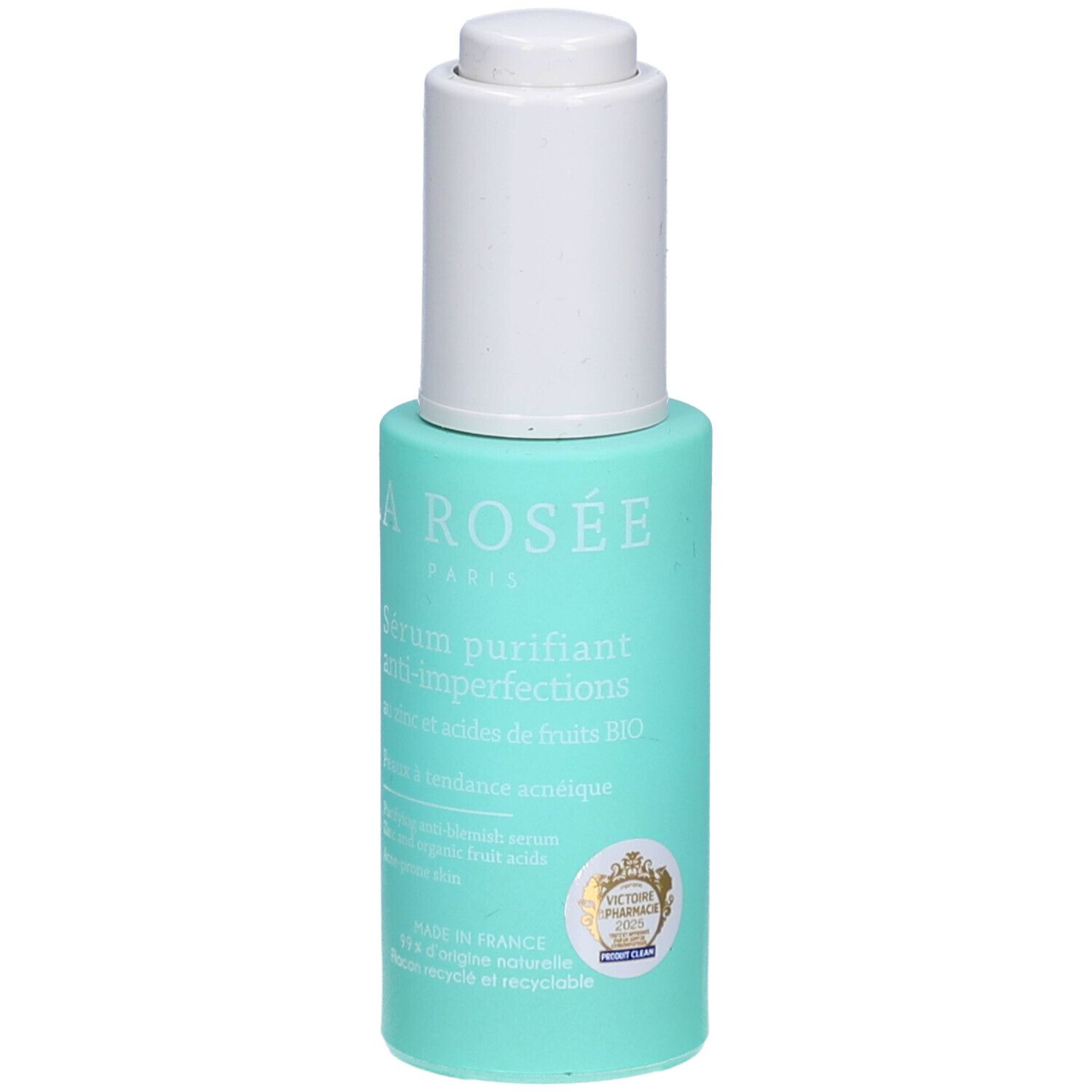 Turquoise fles met witte dop. Opschrift: La Rosée Paris, Sérum purifiant anti-imperfections. Certificeringslogo.