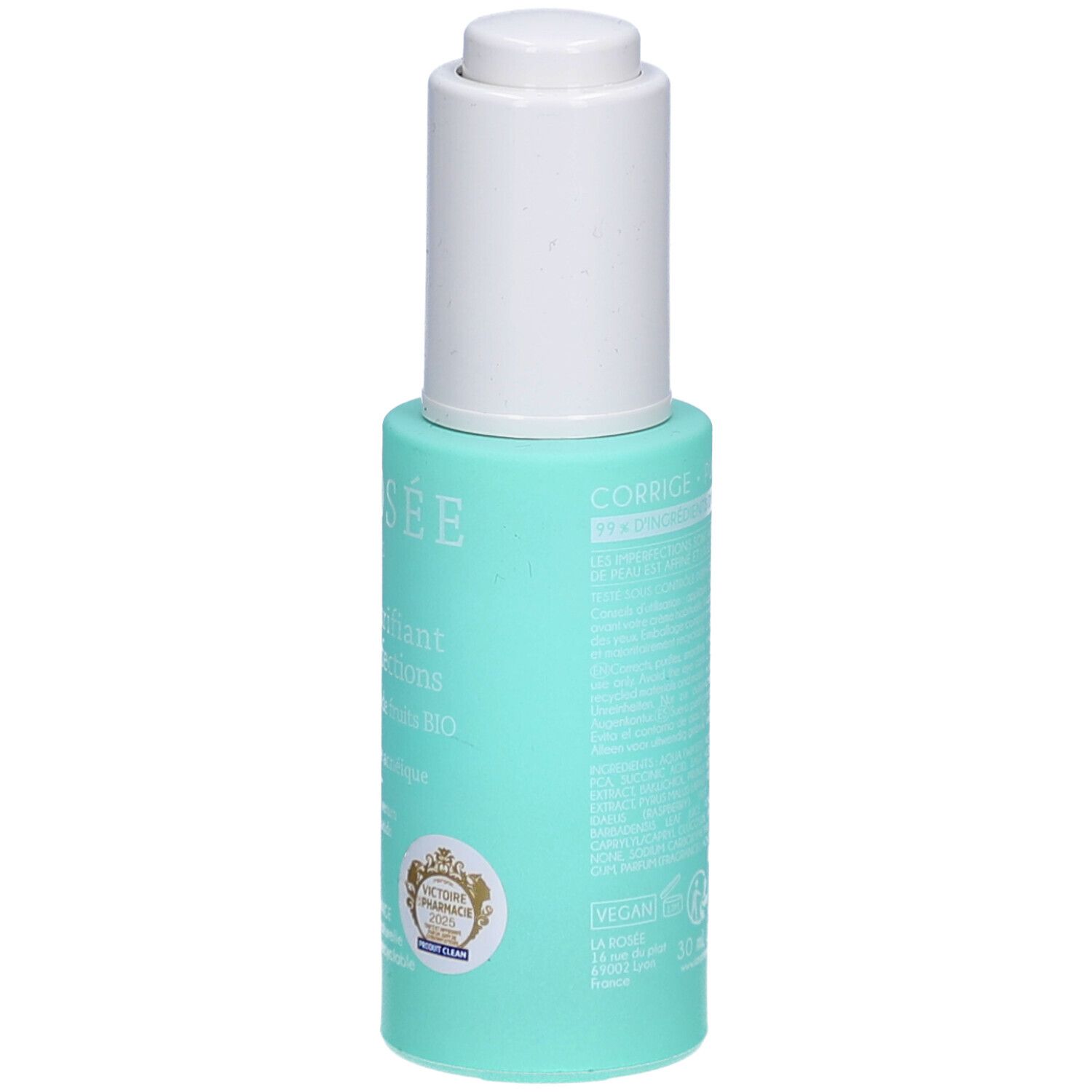 Turquoise fles met witte dop. Achterkant met tekst. Veganistisch logo zichtbaar.