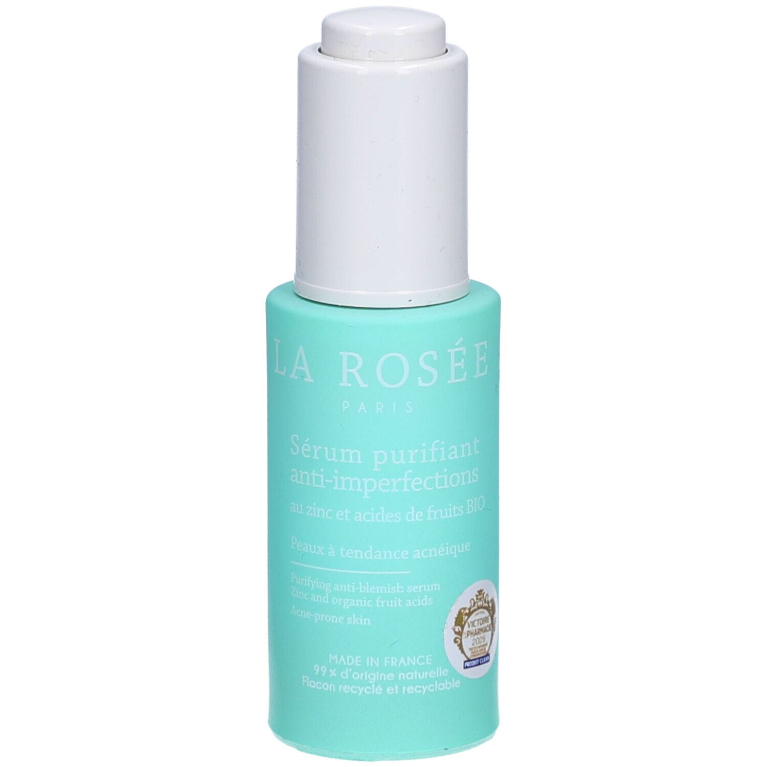 Turquoise fles met witte dop. Opschrift: La Rosée Paris, Sérum purifiant anti-imperfections. Certificeringslogo.
