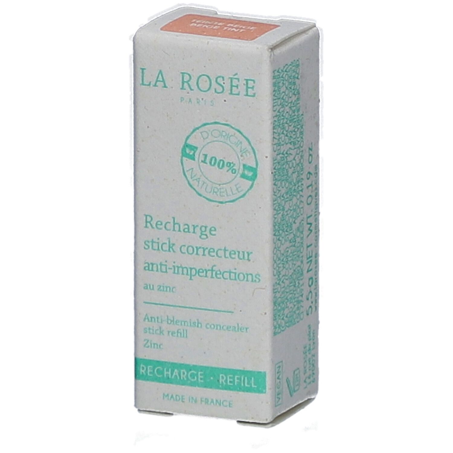Emballage en carton pour un stick correcteur teinté anti-imperfections. Inscriptions: La Rosée, Recharge stick correcteur anti-imperfections.