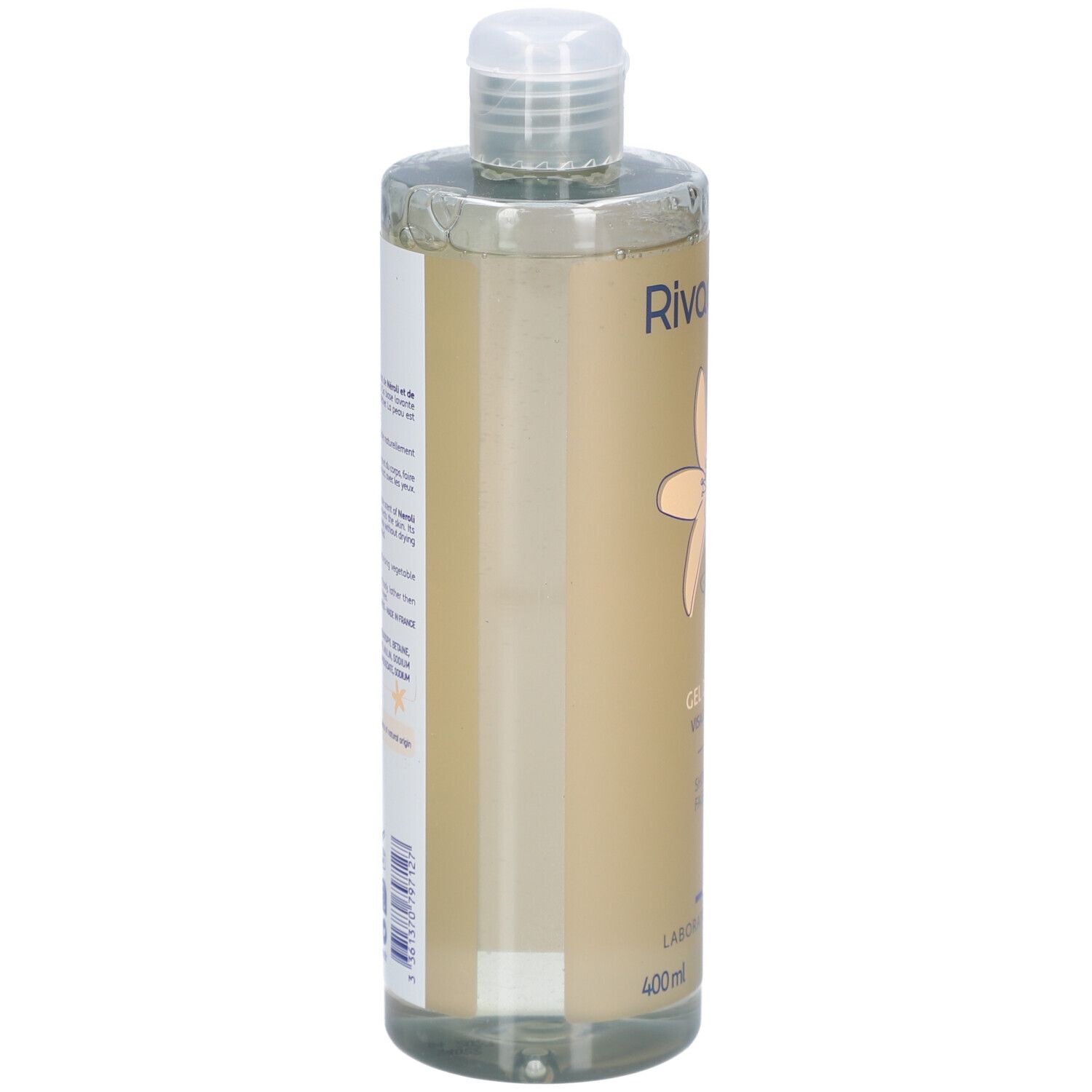 Douchegel. Transparante plastic fles met witte dop. Etiket met productinformatie en bloemmotief.