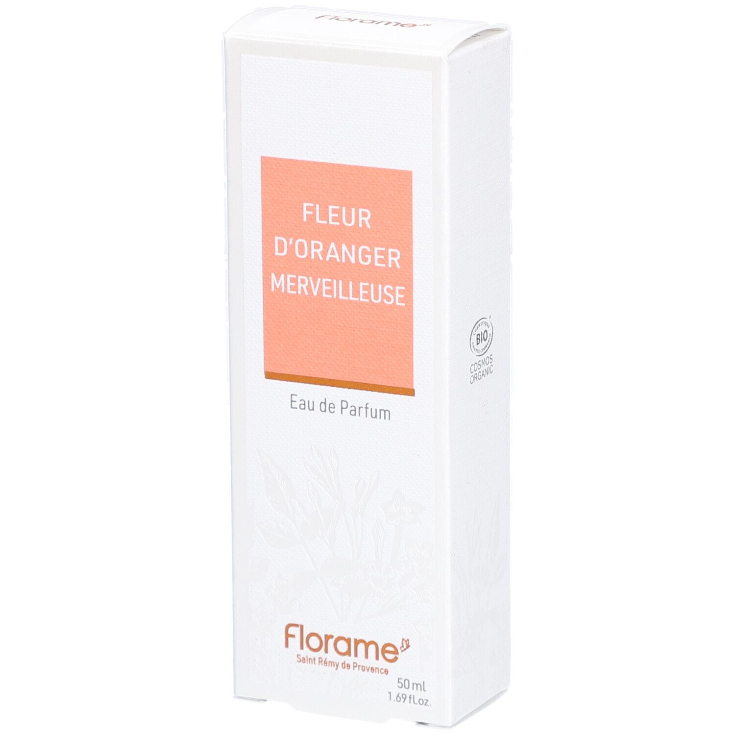 Witte verpakking met oranje vlak. Tekst: Fleur d'Oranger Merveilleuse, Eau de Parfum. Florame logo. Bio-certificering.