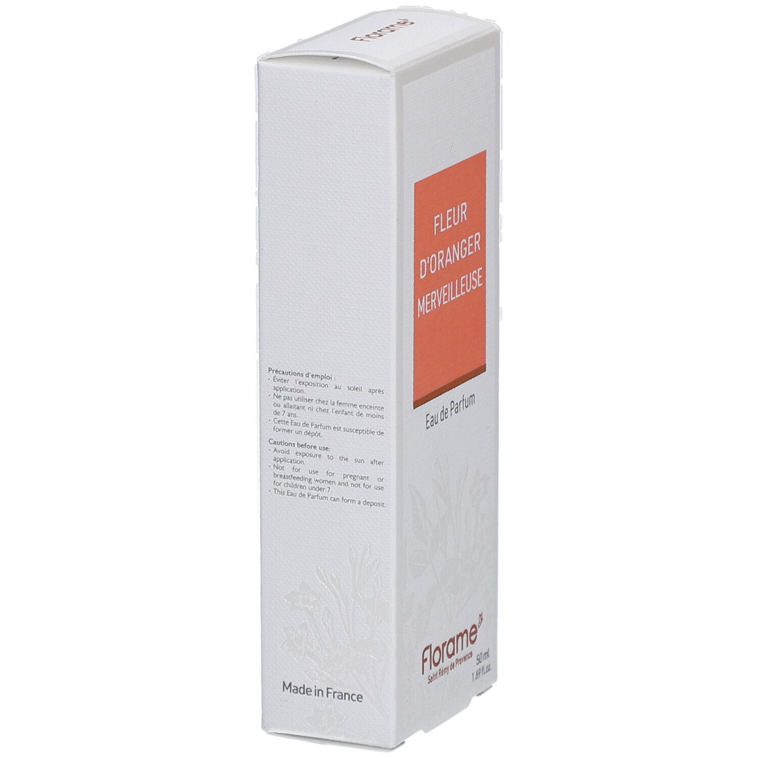 Witte verpakking, zijaanzicht. Tekst: Fleur d'Oranger Merveilleuse, Eau de Parfum. Florame logo. Gemaakt in Frankrijk.