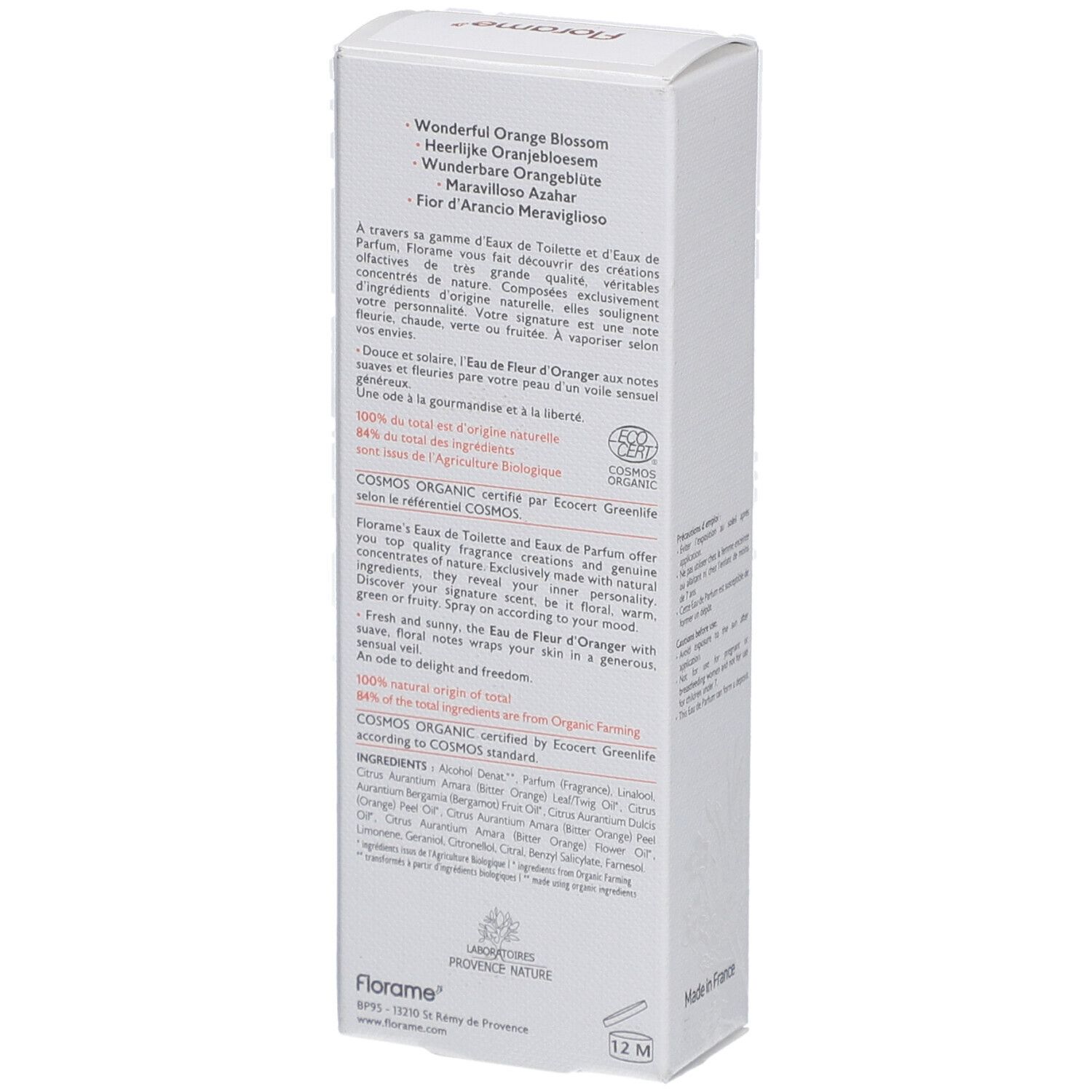 Witte verpakking, achterkant. Tekst: Wonderful Orange Blossom, Heeerlijke Oranjebloesem, Wunderbare Orangenblüte, Azahar. Bio-certificering.