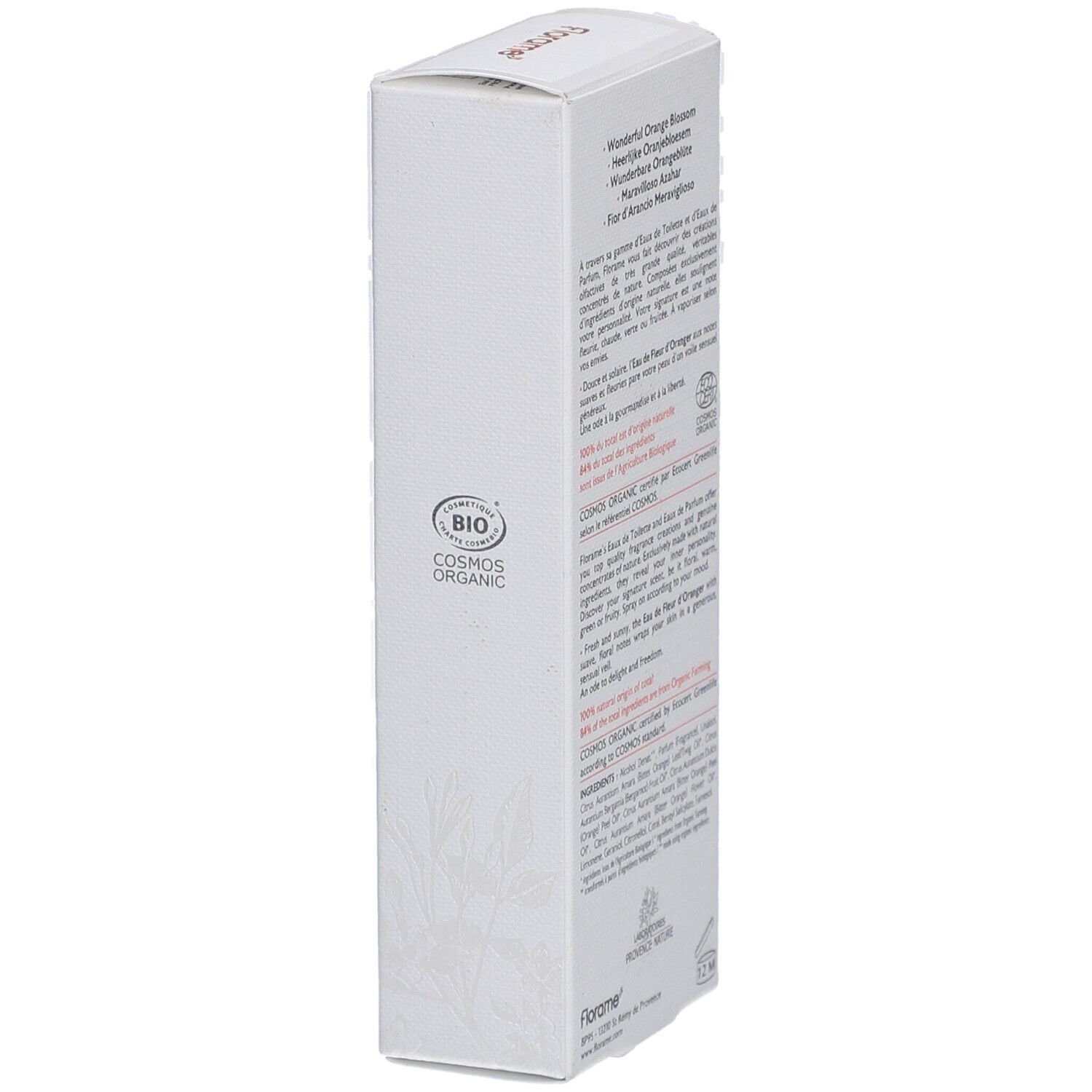 Witte verpakking, zijaanzicht. Tekst: Fleur d'Oranger Merveilleuse, Eau de Parfum. Bio-certificering. Florame logo.