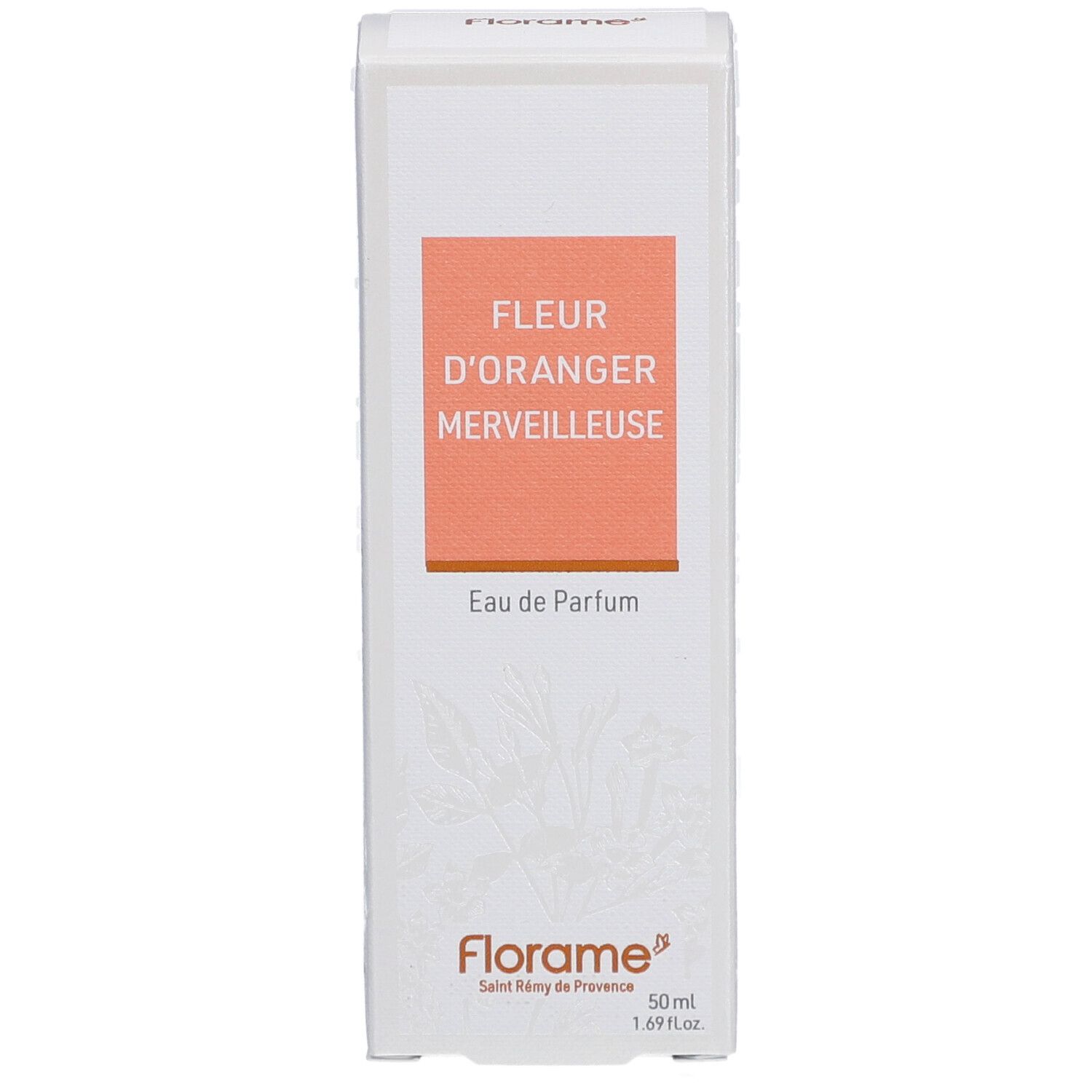 Witte verpakking met oranje vlak. Tekst: Fleur d'Oranger Merveilleuse, Eau de Parfum. Florame logo. 50 ml.