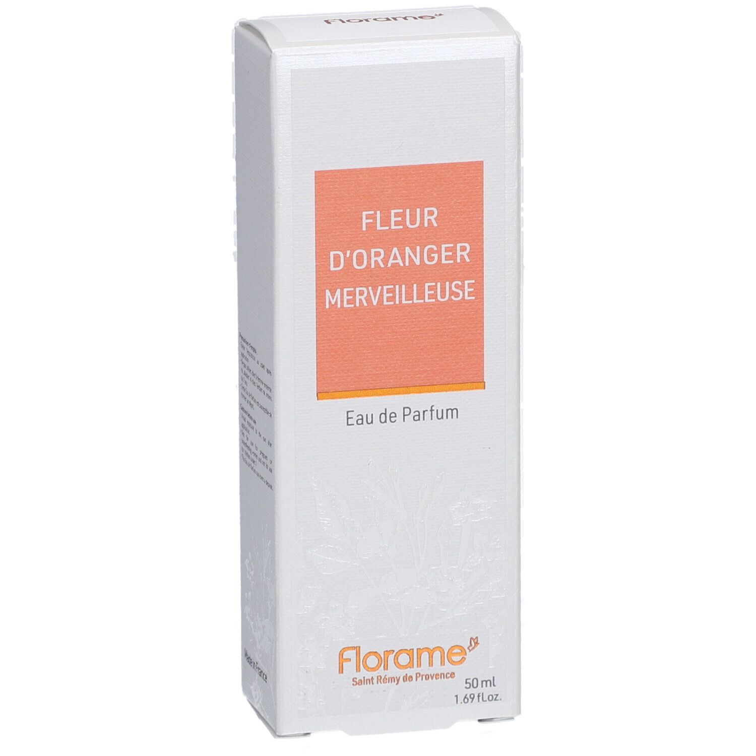 Witte verpakking met oranje vlak. Tekst: Fleur d'Oranger Merveilleuse, Eau de Parfum. Florame logo. 50 ml.