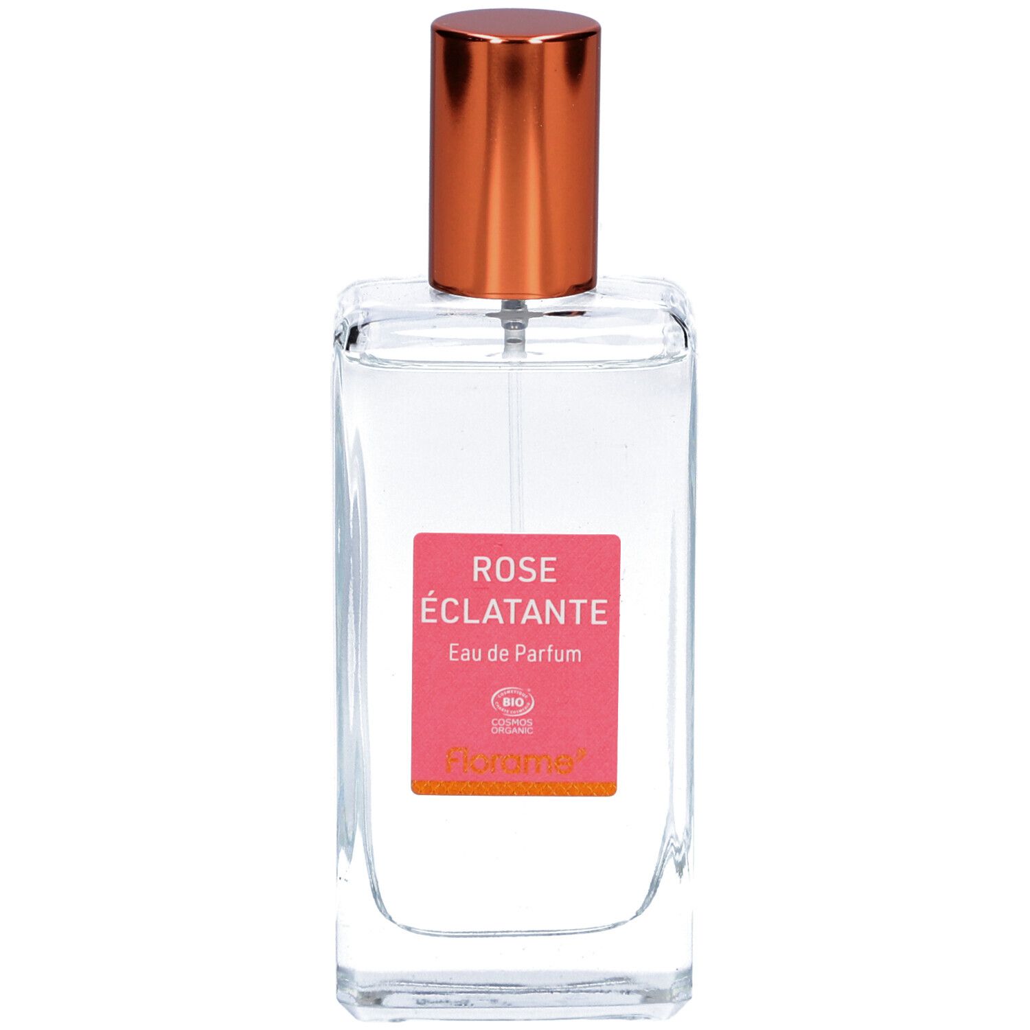 Transparante fles met koperkleurige dop. Roze etiket met tekst. Bio-certificering.