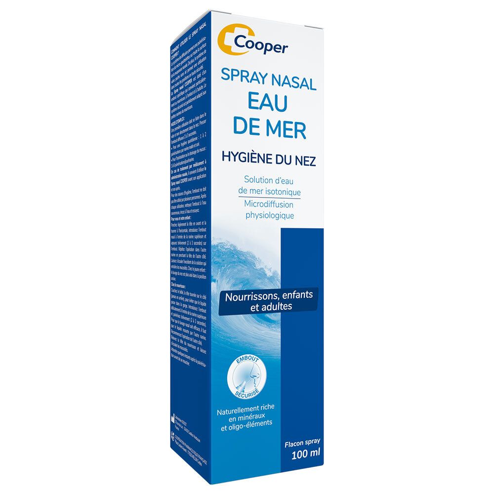 Doosje Cooper neusspray. Tekst: Spray nasal Eau de mer, Hygiène du nez. Voor baby's, kinderen en volwassenen.