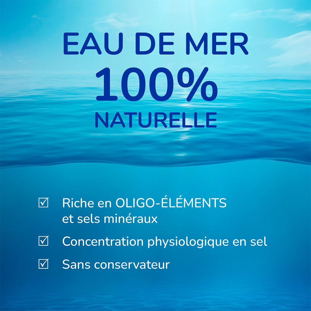 Blauwe achtergrond met tekst: Eau de mer 100% naturelle. Tekst: Rijk aan oligo-elementen en minerale zouten.
