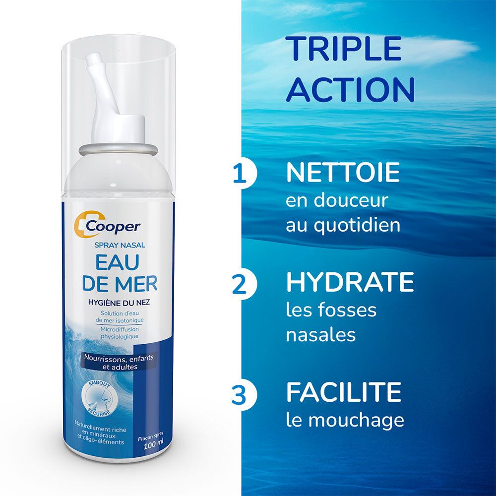 Neussprayfles met tekst: Cooper Spray nasal Eau de mer. Tekst: Triple Action: Nettoie, hydrate, facilite.