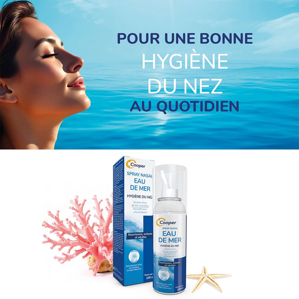 Vrouw met gesloten ogen. Neusspray en verpakking. Tekst: Pour une bonne hygiène du nez au quotidien.