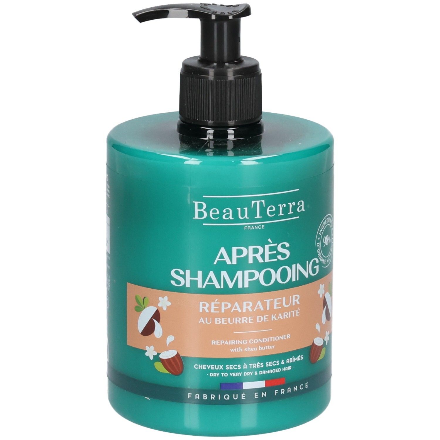 Groene fles met zwarte pomp. Opschrift: Beauterra Après-shampooing réparateur, Réparateur au beurre de karité.