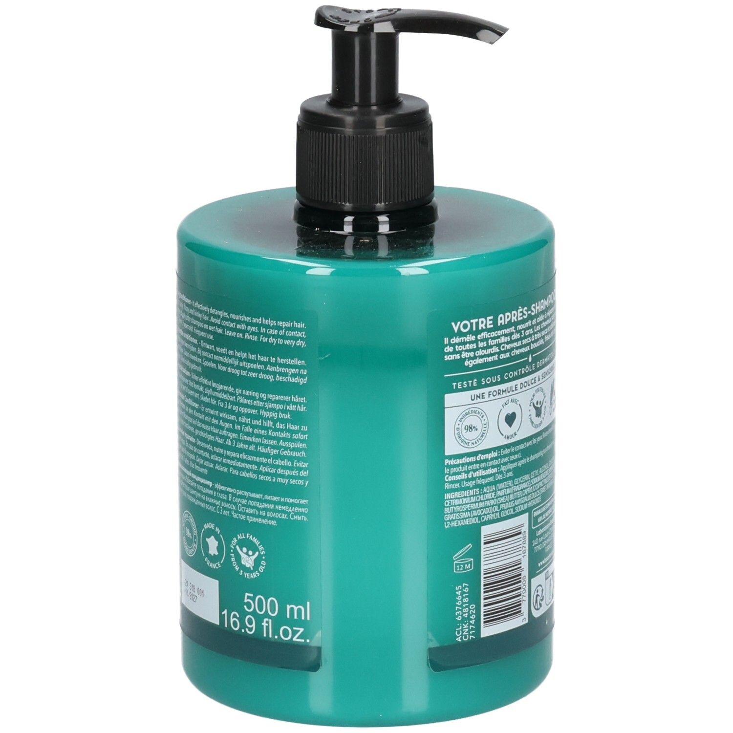 Groene fles, achterkant. Tekst: productinfo, ingrediënten, volume 500 ml, 16.9 fl.oz.