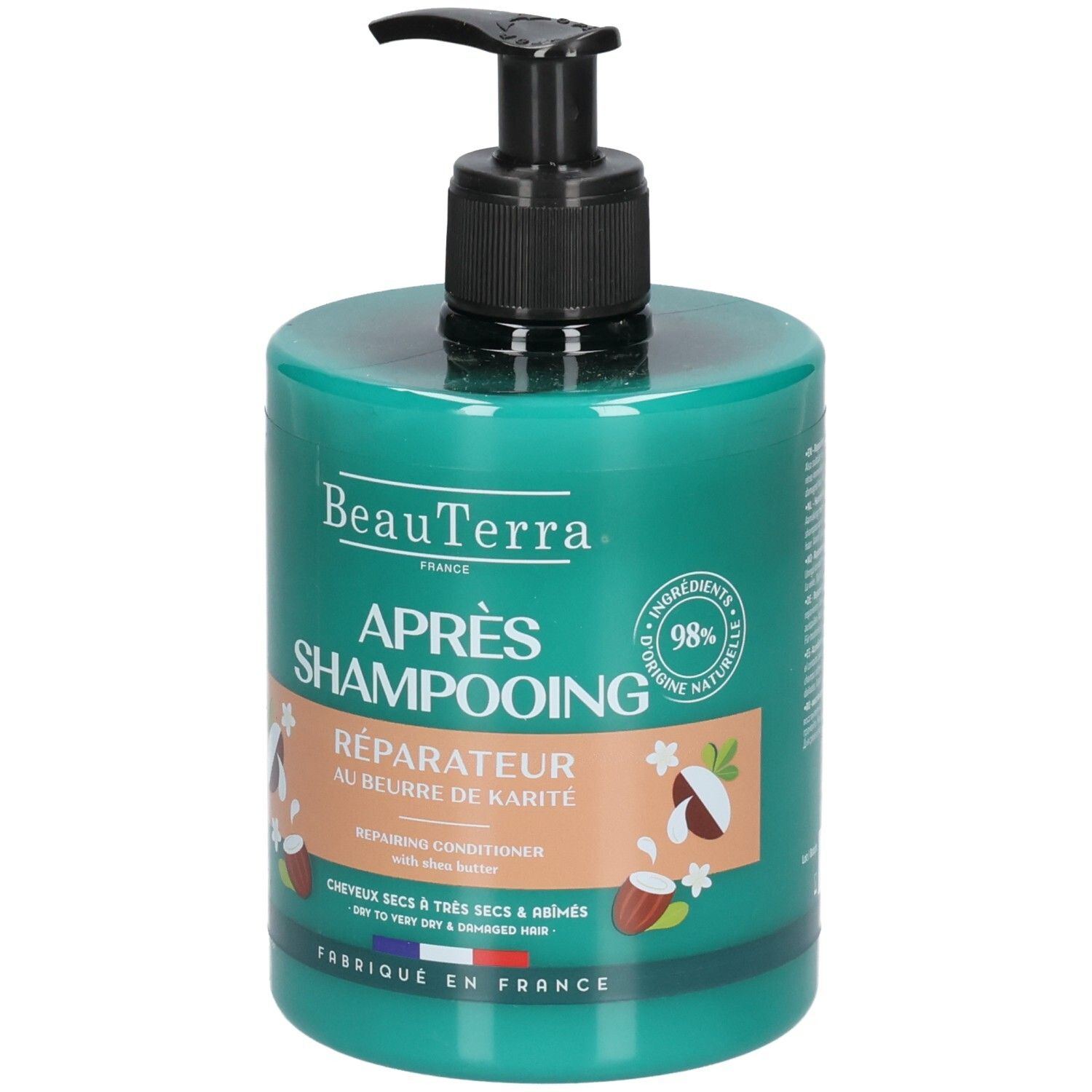 Groene fles met zwarte pomp. Opschrift: Beauterra Après-shampooing réparateur, Réparateur au beurre de karité, 98% natuurlijke ingrediënten.