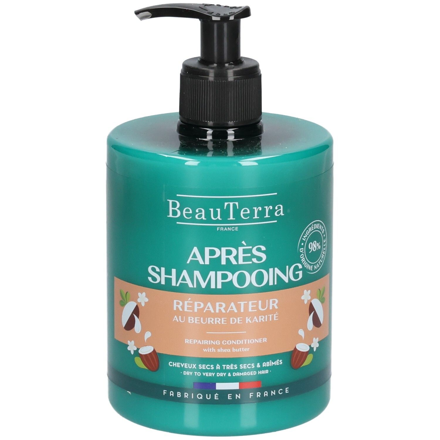 Groene fles met zwarte pomp. Opschrift: Beauterra Après-shampooing réparateur, Réparateur au beurre de karité, 98% natuurlijke ingrediënten.