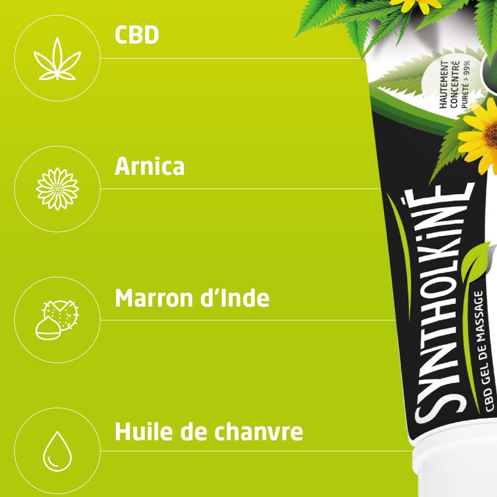 Tube gel: Syntholkiné CBD Gel de massage. Ingrediënten: CBD, Arnica, Paardenkastanje, Hennepolie.