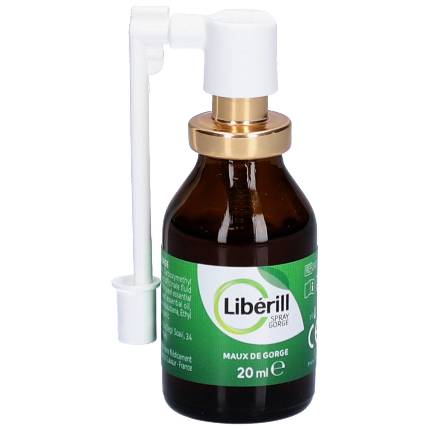 Flacon en verre brun avec pulvérisateur. Inscription: Libérill Spray Gorge. Avec applicateur blanc. 20 ml.