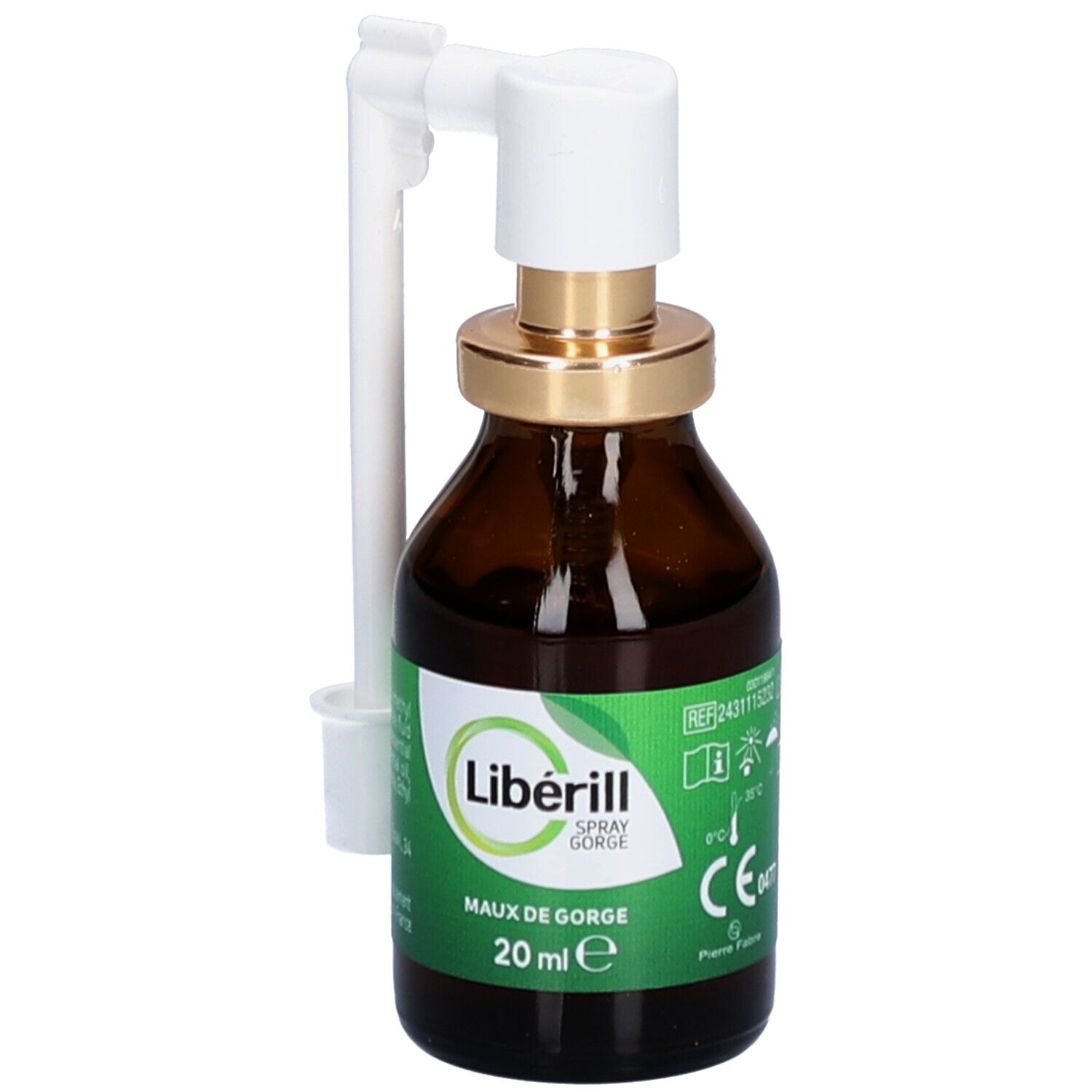 Flacon en verre brun avec pulvérisateur et applicateur blanc. Inscription: Libérill Spray Gorge. 20 ml.