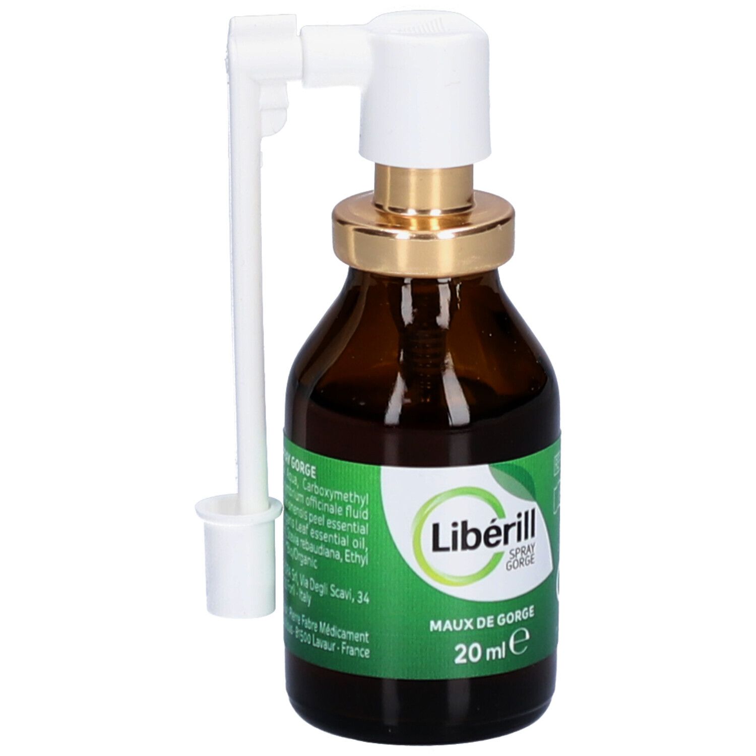 Flacon en verre brun avec pulvérisateur et applicateur blanc. Inscription: Libérill Spray Gorge. 20 ml.